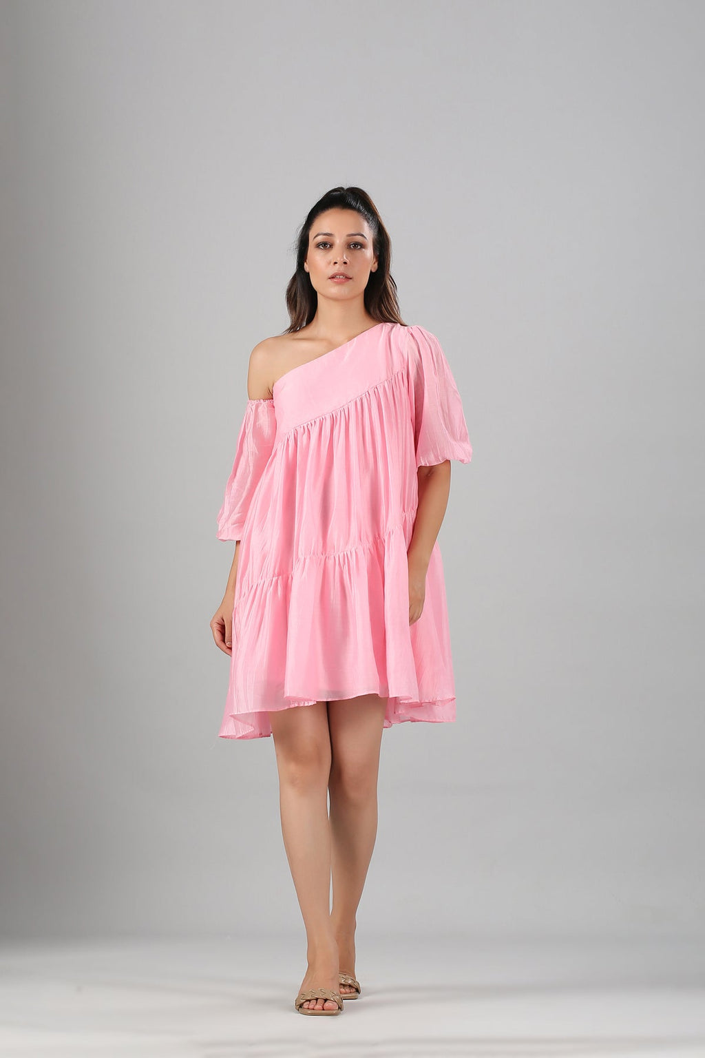 Pink Off Shoulder Dress by MOH-The Eternal Dhaga with Casual Wear, Cotton, Moh-The eternal Dhaga, Natural, Off-Shoulder Dresses, Pink, Relaxed Fit, Solids, Womenswear at Kamakhyaa for sustainable fashion