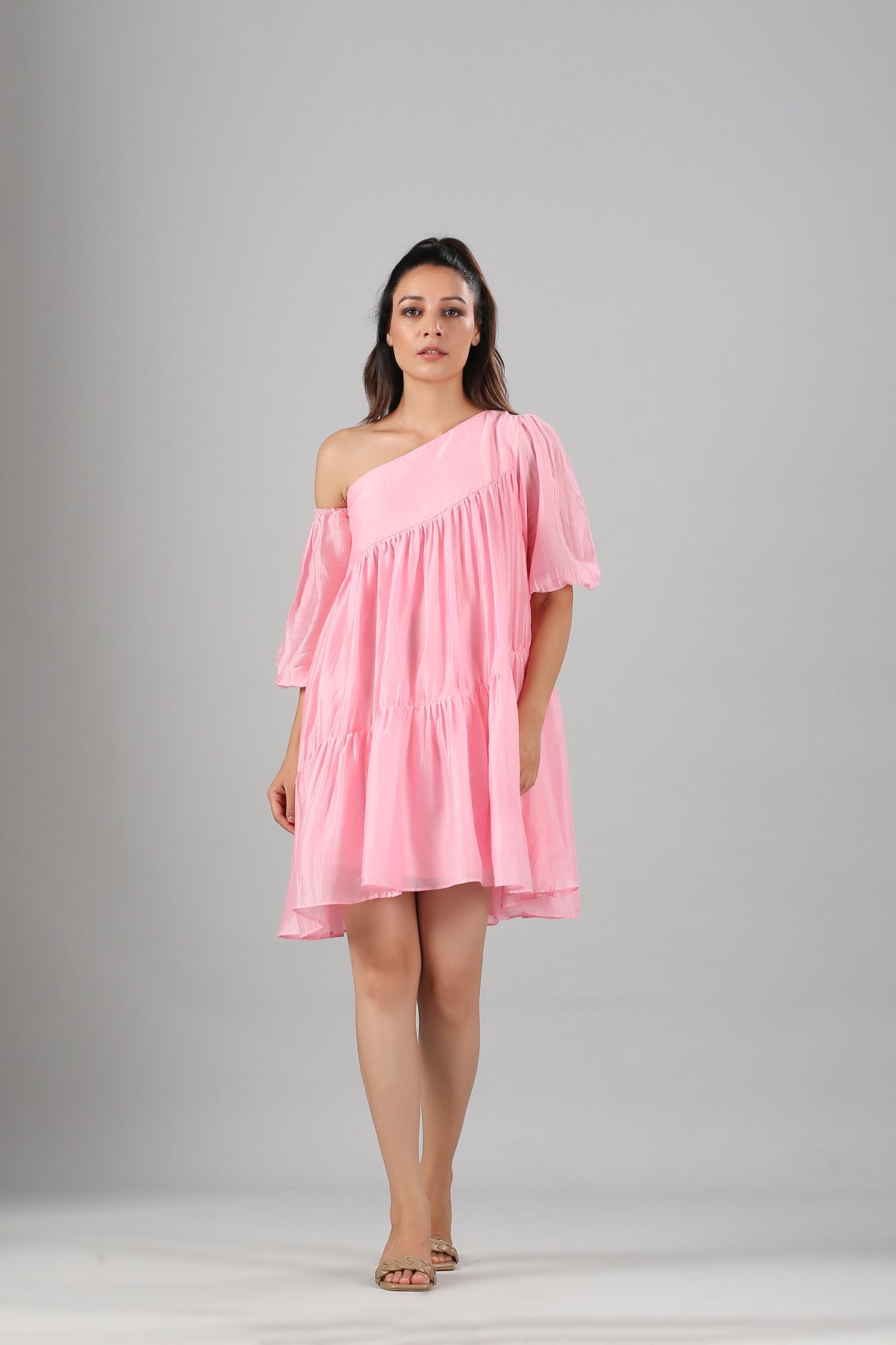 Pink Off Shoulder Dress by MOH-The Eternal Dhaga with Casual Wear, Cotton, Moh-The eternal Dhaga, Natural, Off-Shoulder Dresses, Pink, Relaxed Fit, Solids, Womenswear at Kamakhyaa for sustainable fashion