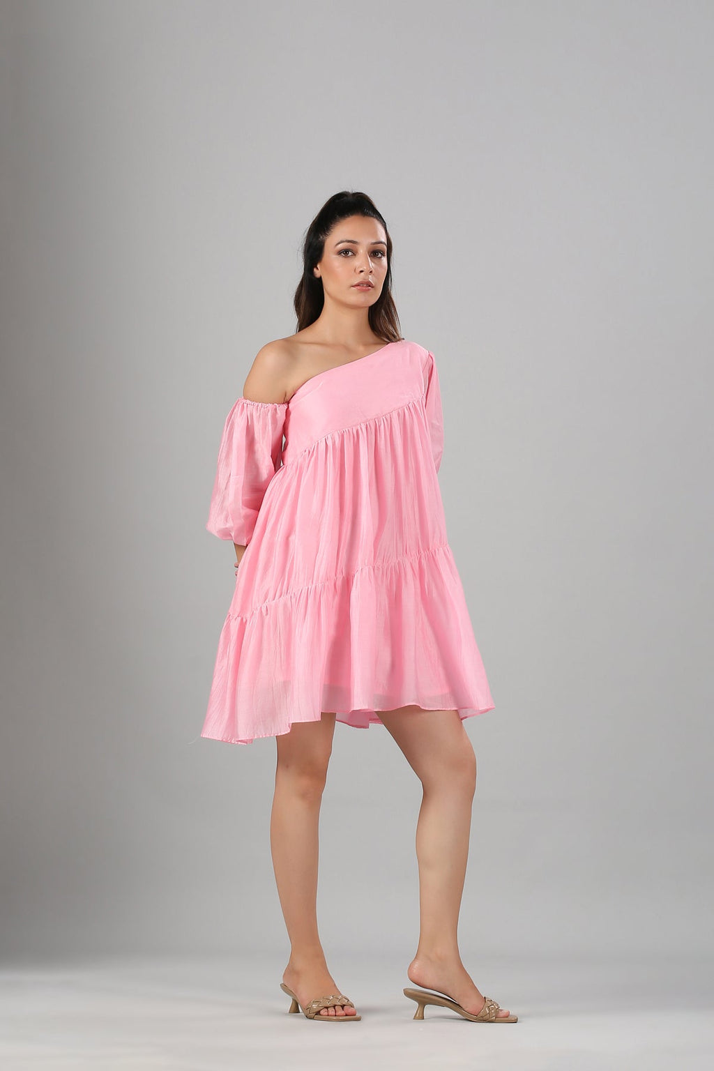 Pink Off Shoulder Dress by MOH-The Eternal Dhaga with Casual Wear, Cotton, Moh-The eternal Dhaga, Natural, Off-Shoulder Dresses, Pink, Relaxed Fit, Solids, Womenswear at Kamakhyaa for sustainable fashion