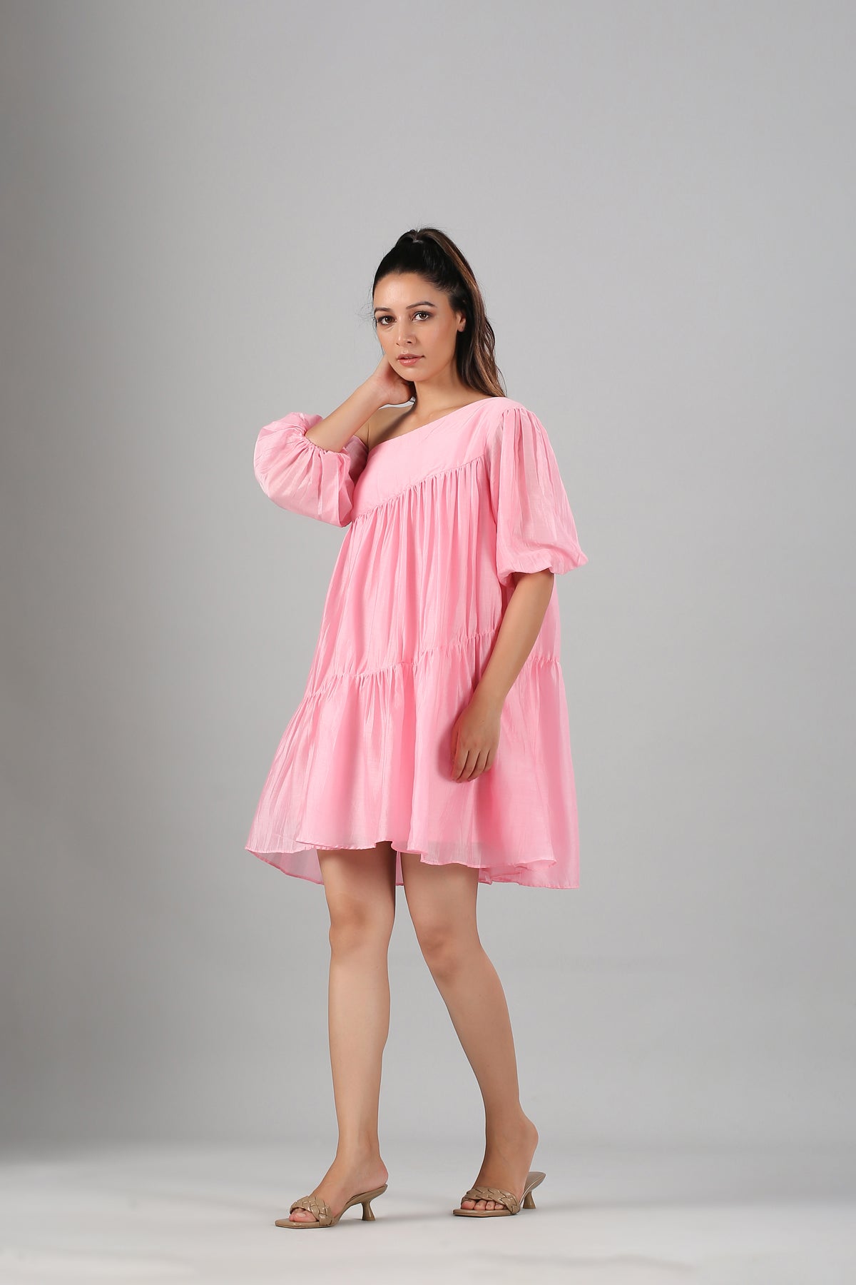 Pink Off Shoulder Dress by MOH-The Eternal Dhaga with Casual Wear, Cotton, Moh-The eternal Dhaga, Natural, Off-Shoulder Dresses, Pink, Relaxed Fit, Solids, Womenswear at Kamakhyaa for sustainable fashion
