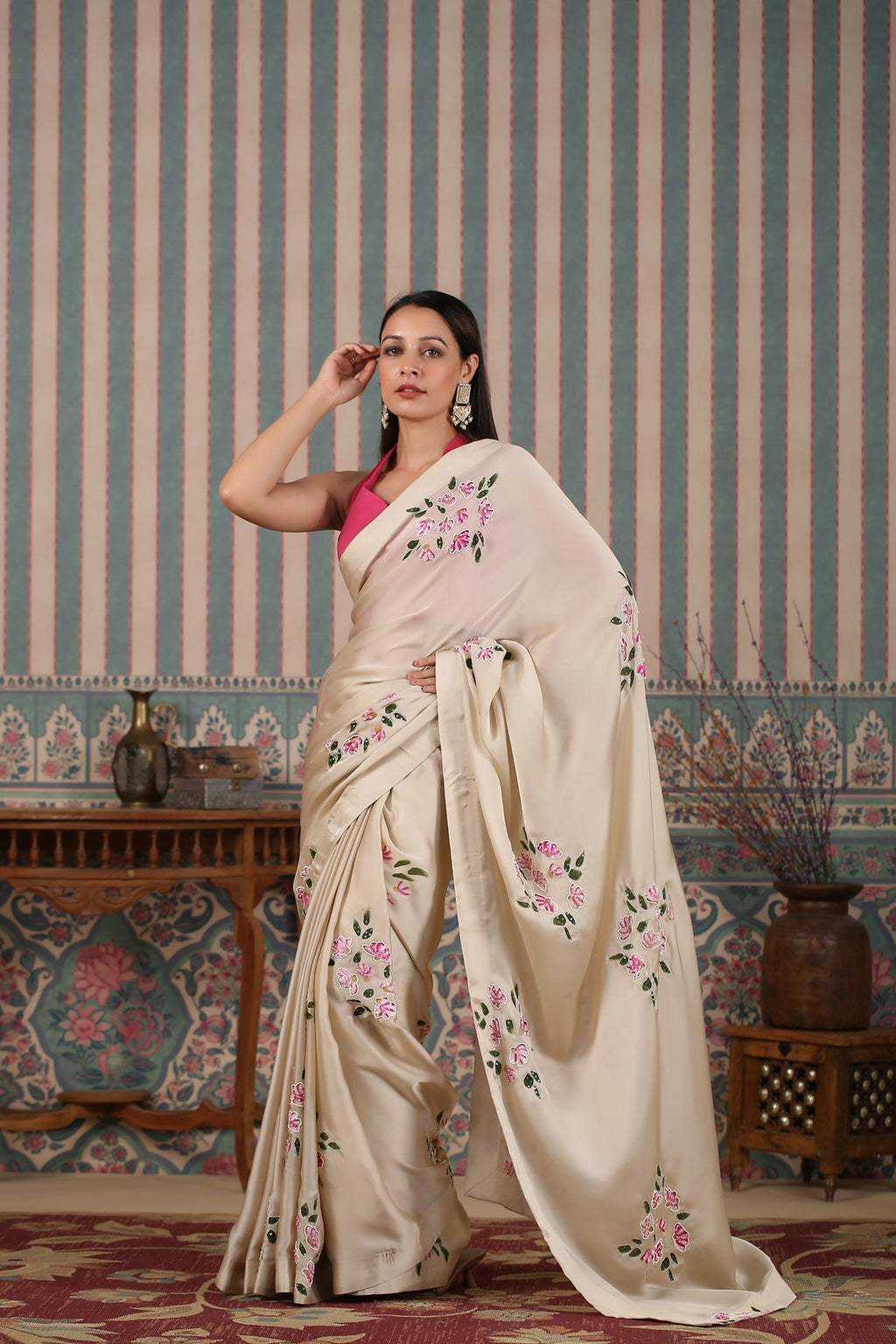 Pink Saree Set by MOH-The Eternal Dhaga with Cotton, Cotton Satin, Festive Wear, Free Size, Moh-The eternal Dhaga, Natural, Pink, Prints, Saree Sets, Womenswear at Kamakhyaa for sustainable fashion