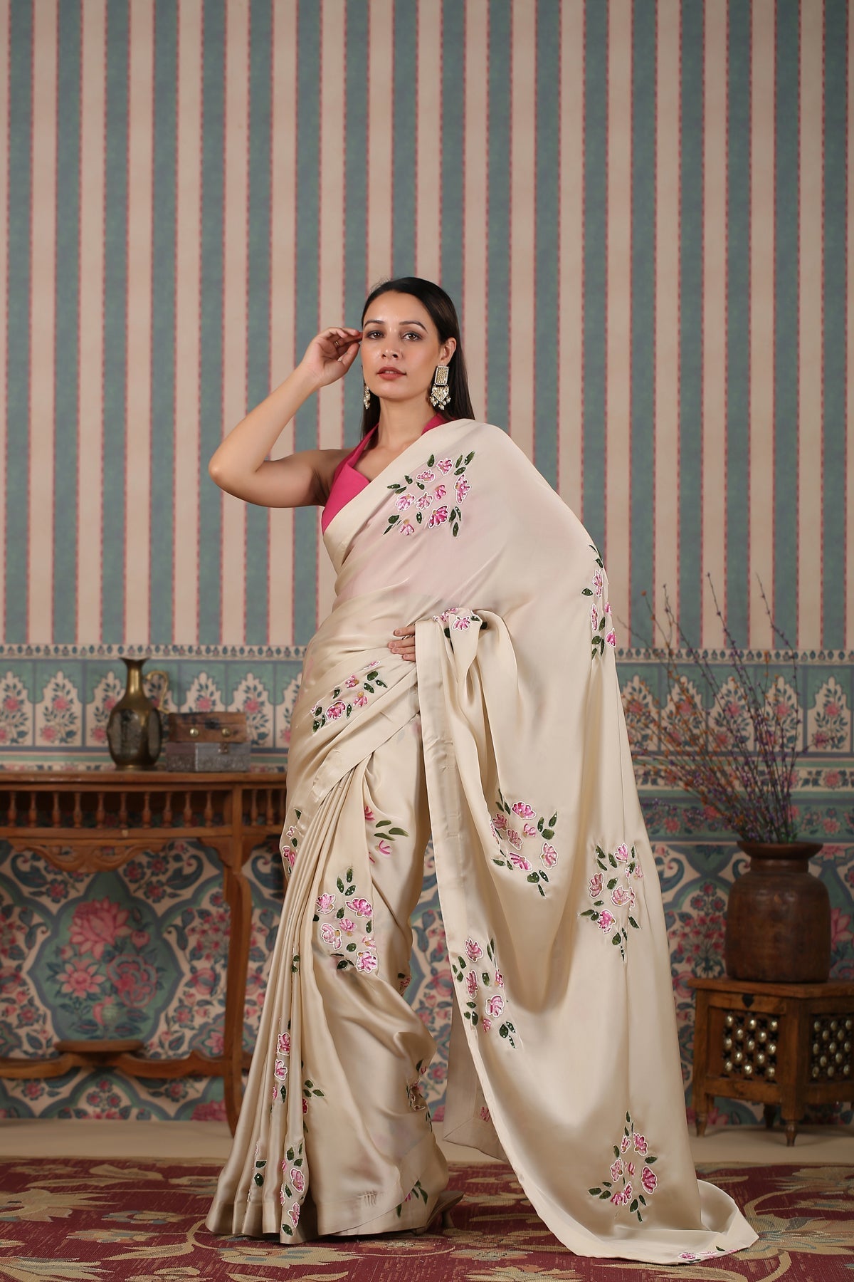 Pink Saree Set by MOH-The Eternal Dhaga with Cotton, Cotton Satin, Festive Wear, Free Size, Moh-The eternal Dhaga, Natural, Pink, Prints, Saree Sets, Womenswear at Kamakhyaa for sustainable fashion