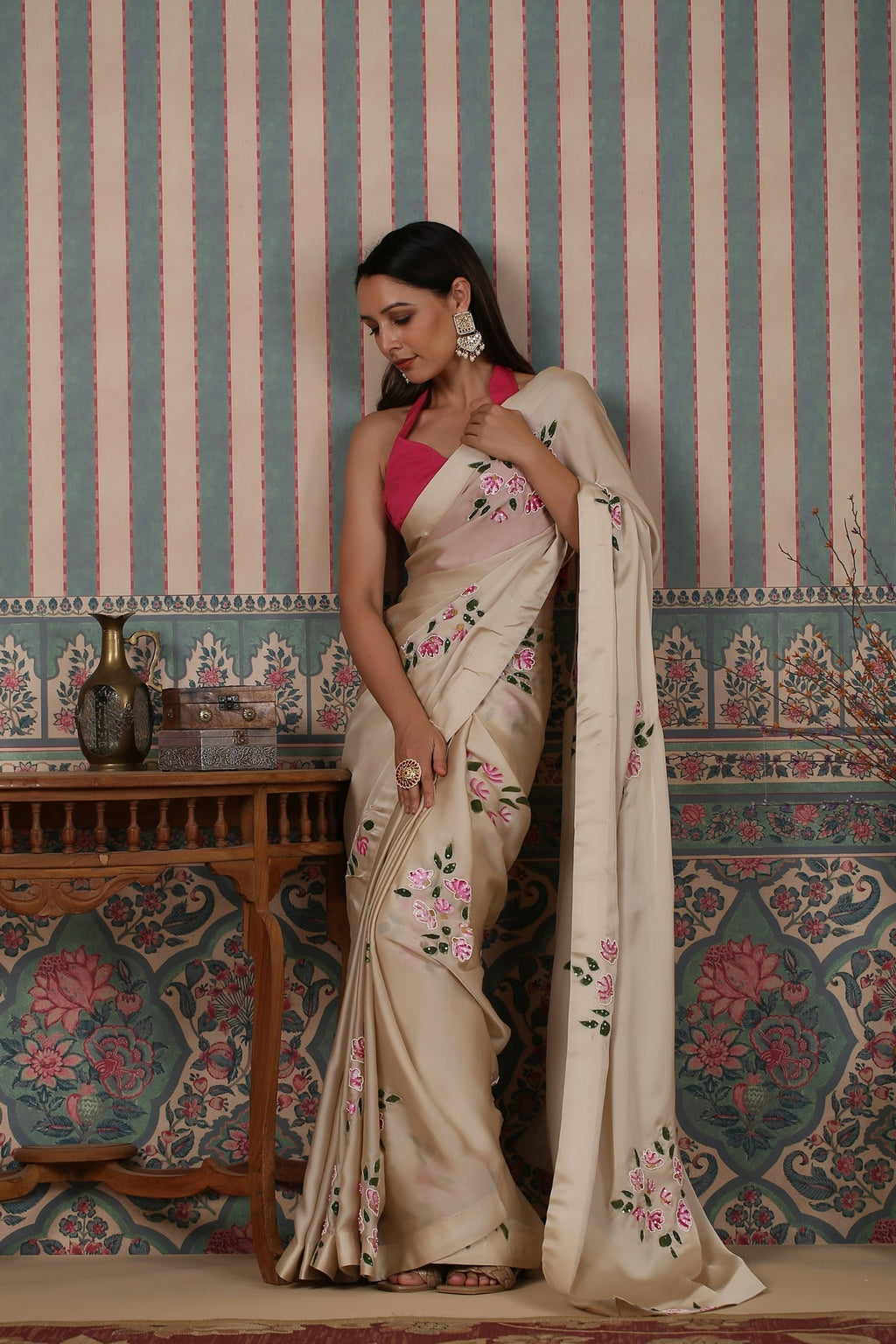 Pink Saree Set by MOH-The Eternal Dhaga with Cotton, Cotton Satin, Festive Wear, Free Size, Moh-The eternal Dhaga, Natural, Pink, Prints, Saree Sets, Womenswear at Kamakhyaa for sustainable fashion