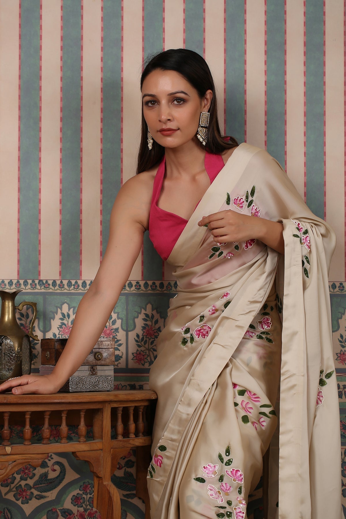 Pink Saree Set by MOH-The Eternal Dhaga with Cotton, Cotton Satin, Festive Wear, Free Size, Moh-The eternal Dhaga, Natural, Pink, Prints, Saree Sets, Womenswear at Kamakhyaa for sustainable fashion