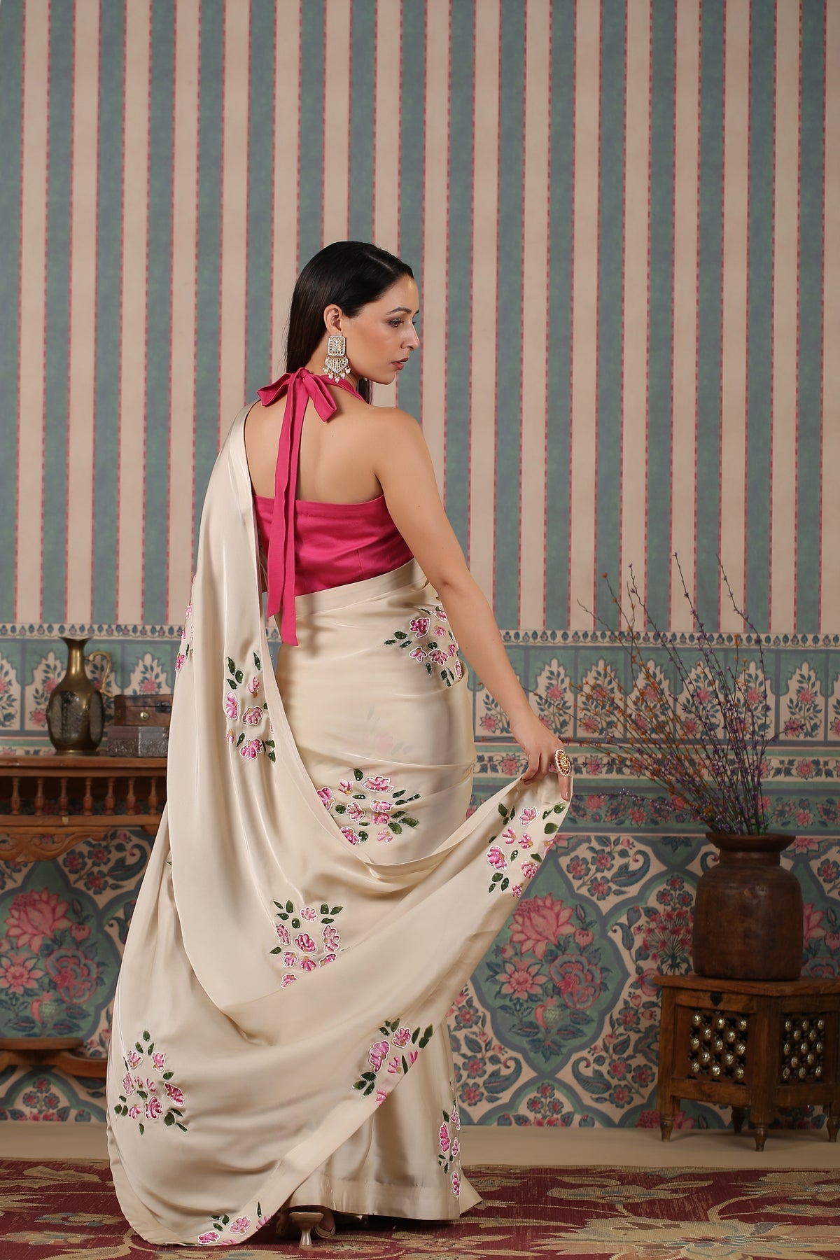 Pink Saree Set by MOH-The Eternal Dhaga with Cotton, Cotton Satin, Festive Wear, Free Size, Moh-The eternal Dhaga, Natural, Pink, Prints, Saree Sets, Womenswear at Kamakhyaa for sustainable fashion