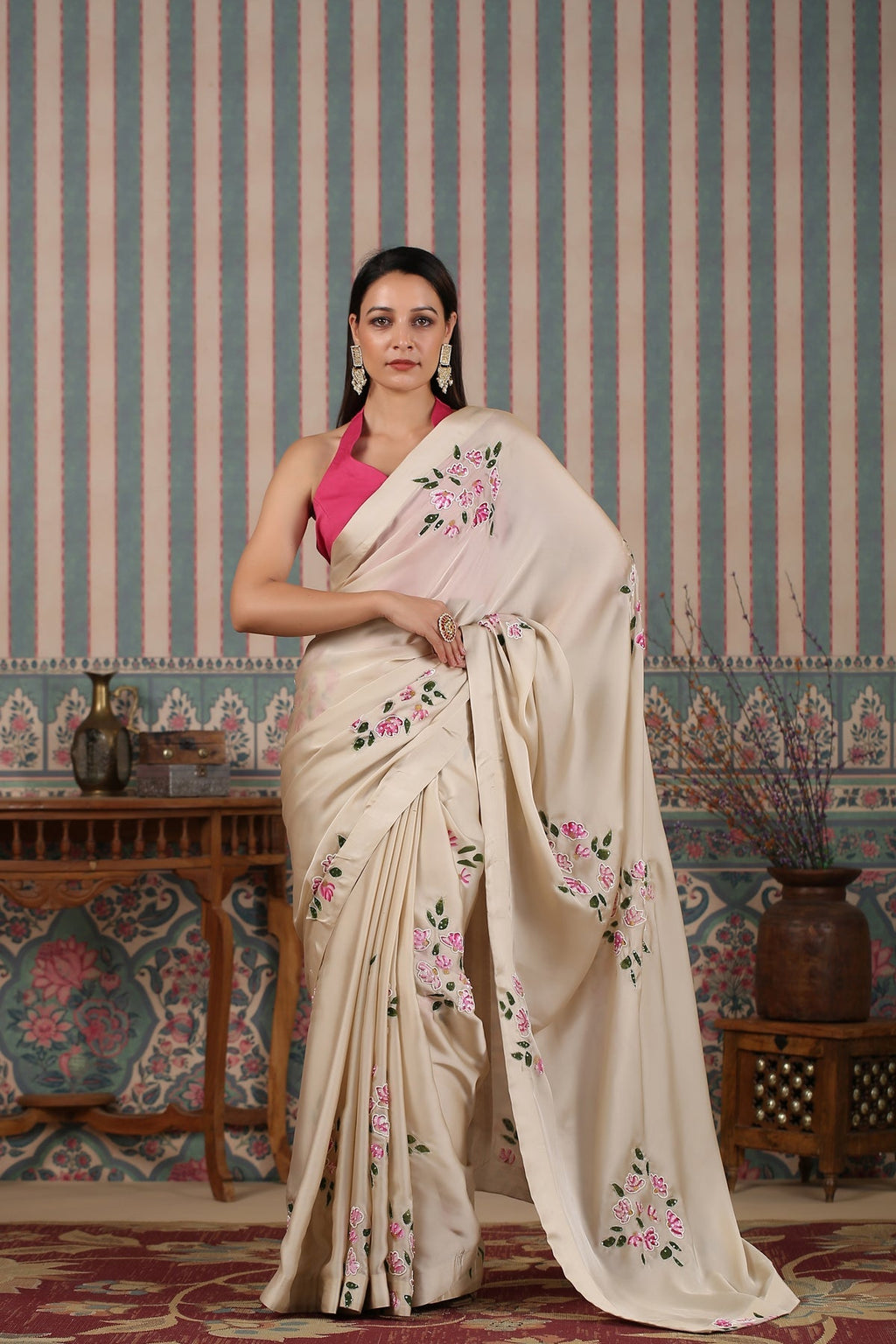 Pink Saree Set by MOH-The Eternal Dhaga with Cotton, Cotton Satin, Festive Wear, Free Size, Moh-The eternal Dhaga, Natural, Pink, Prints, Saree Sets, Womenswear at Kamakhyaa for sustainable fashion