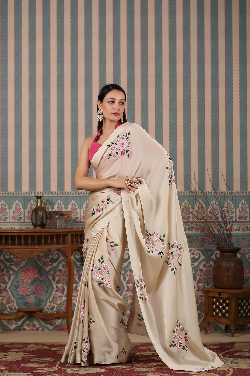 Pink Saree Set by MOH-The Eternal Dhaga with Cotton, Cotton Satin, Festive Wear, Free Size, Moh-The eternal Dhaga, Natural, Pink, Prints, Saree Sets, Womenswear at Kamakhyaa for sustainable fashion
