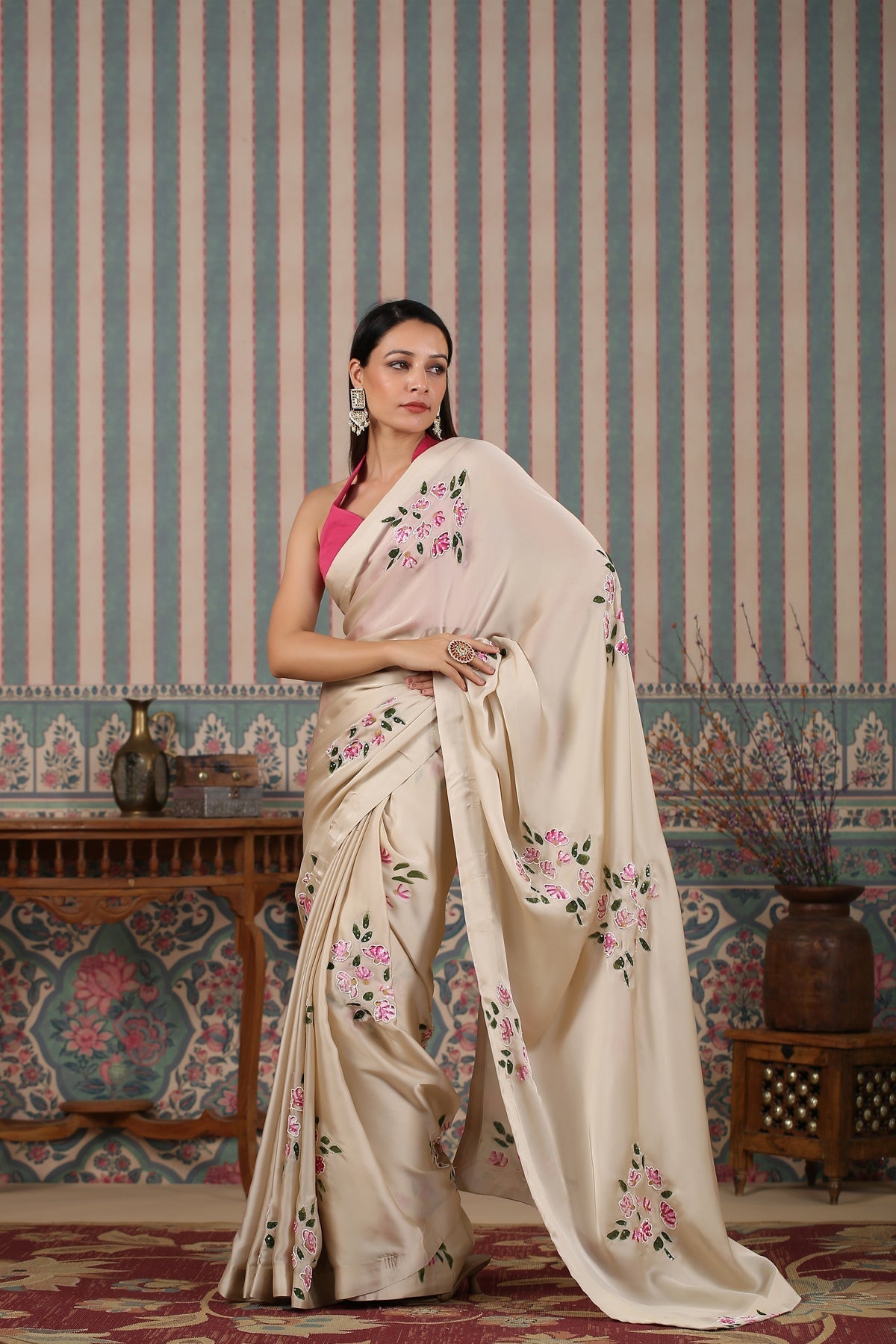 Pink Saree Set by MOH-The Eternal Dhaga with Cotton, Cotton Satin, Festive Wear, Free Size, Moh-The eternal Dhaga, Natural, Pink, Prints, Saree Sets, Womenswear at Kamakhyaa for sustainable fashion