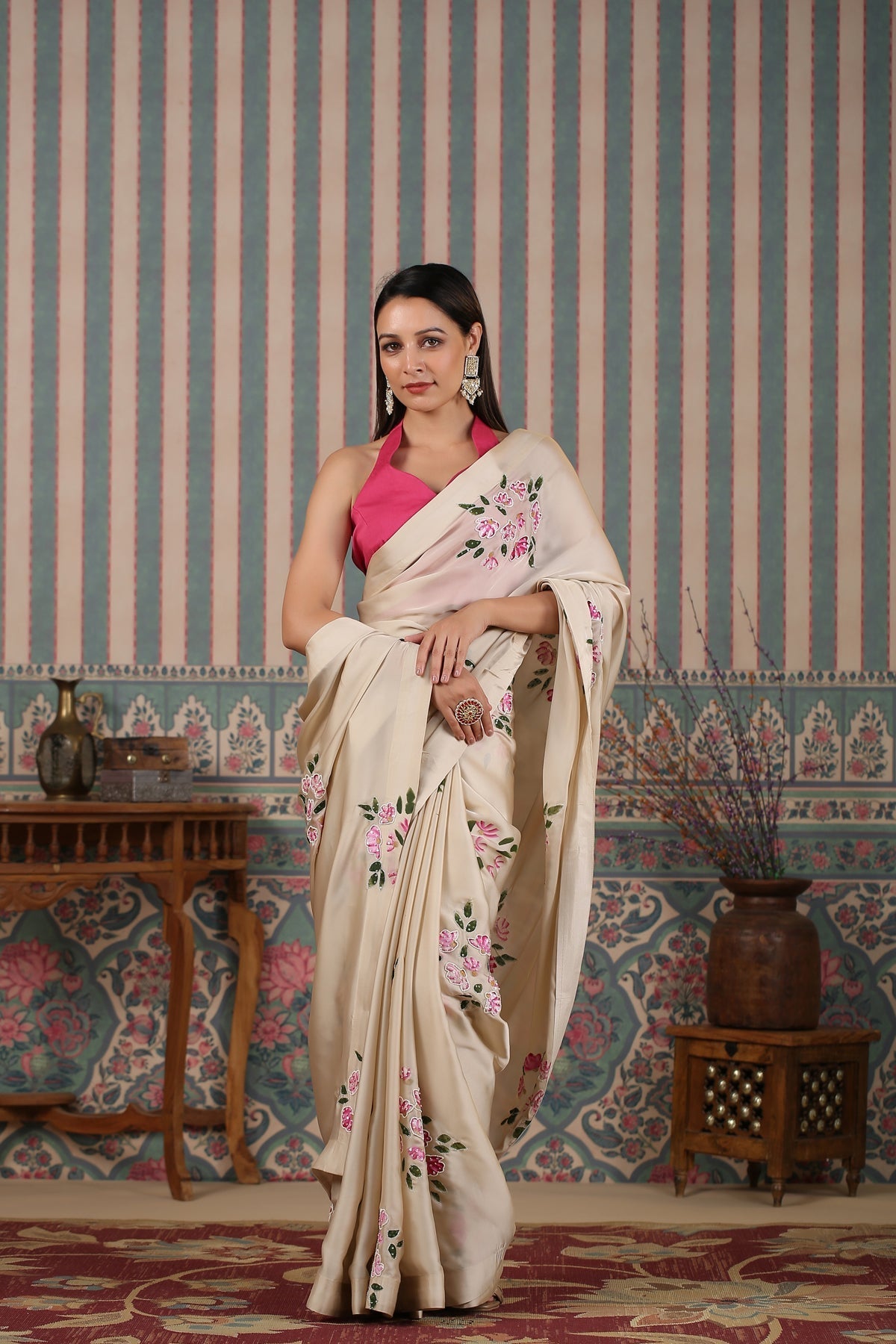 Pink Saree Set by MOH-The Eternal Dhaga with Cotton, Cotton Satin, Festive Wear, Free Size, Moh-The eternal Dhaga, Natural, Pink, Prints, Saree Sets, Womenswear at Kamakhyaa for sustainable fashion