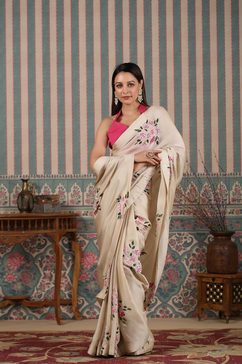 Pink Saree Set by MOH-The Eternal Dhaga with Cotton, Cotton Satin, Festive Wear, Free Size, Moh-The eternal Dhaga, Natural, Pink, Prints, Saree Sets, Womenswear at Kamakhyaa for sustainable fashion
