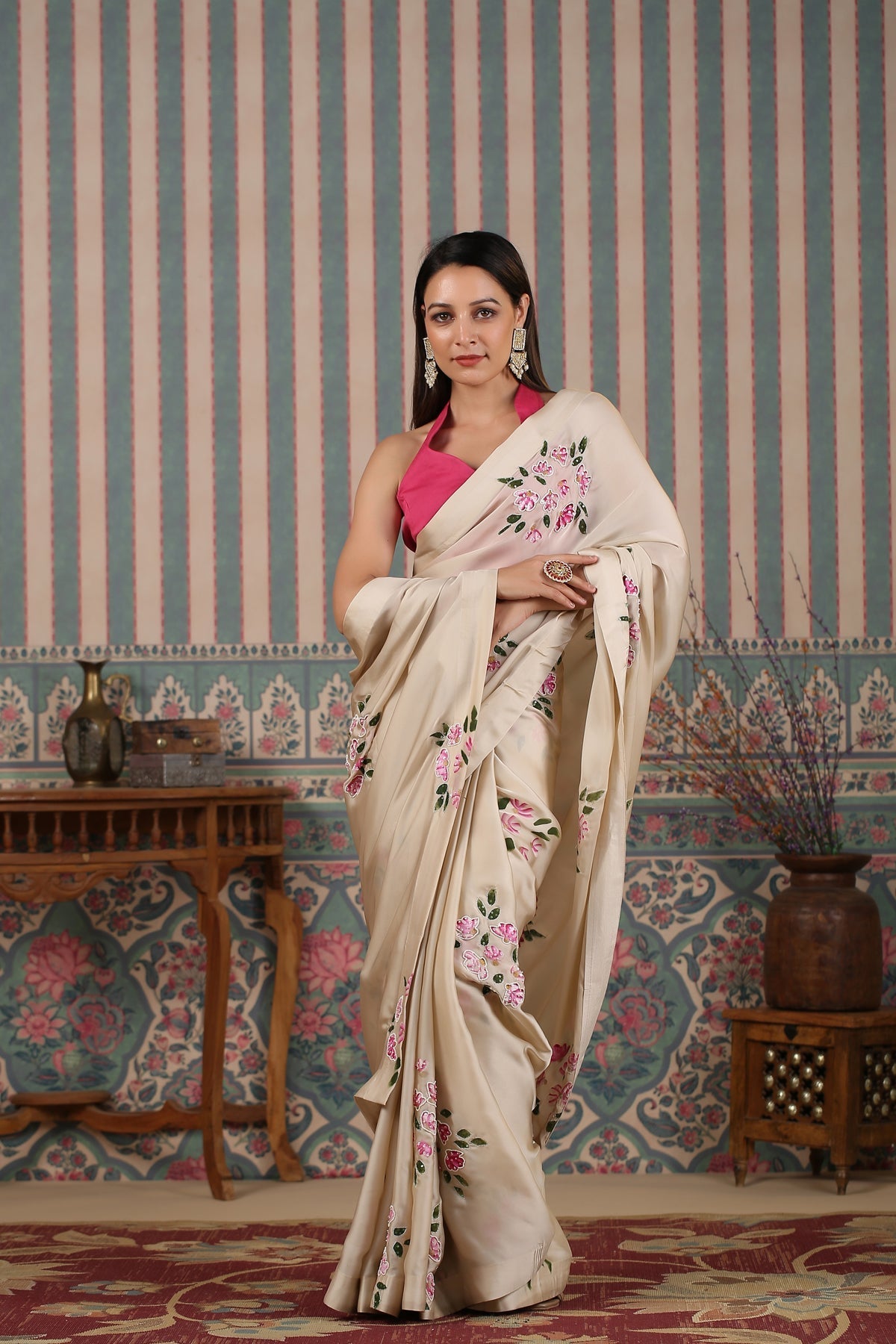 Pink Saree Set by MOH-The Eternal Dhaga with Cotton, Cotton Satin, Festive Wear, Free Size, Moh-The eternal Dhaga, Natural, Pink, Prints, Saree Sets, Womenswear at Kamakhyaa for sustainable fashion