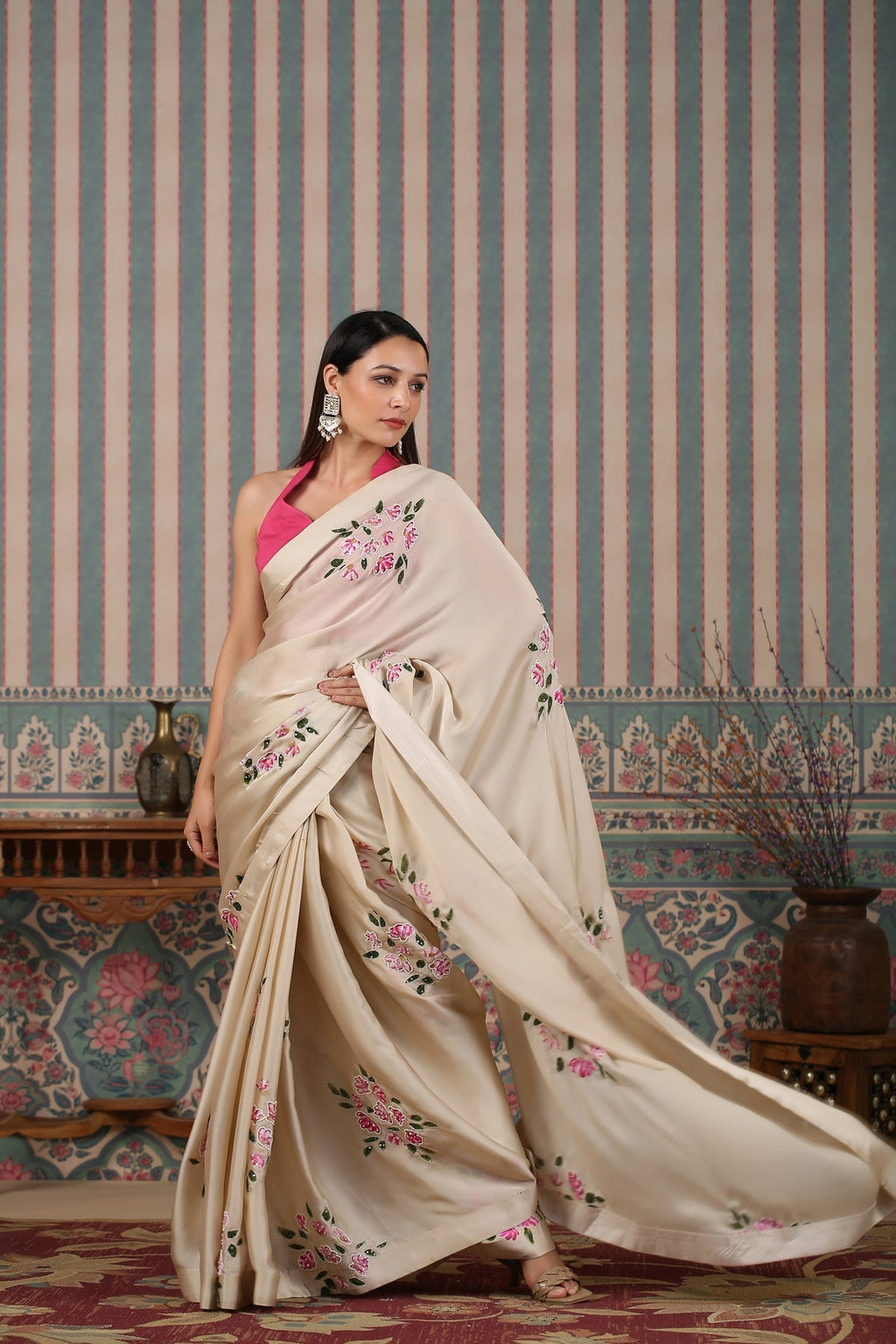 Pink Saree Set by MOH-The Eternal Dhaga with Cotton, Cotton Satin, Festive Wear, Free Size, Moh-The eternal Dhaga, Natural, Pink, Prints, Saree Sets, Womenswear at Kamakhyaa for sustainable fashion
