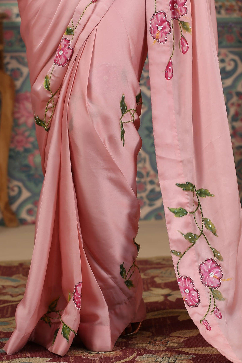 Pink pre draped saree by MOH-The Eternal Dhaga with Cotton, Festive Wear, Free Size, Moh-The eternal Dhaga, Natural, Pink, Prints, Saree Sets, Womenswear at Kamakhyaa for sustainable fashion