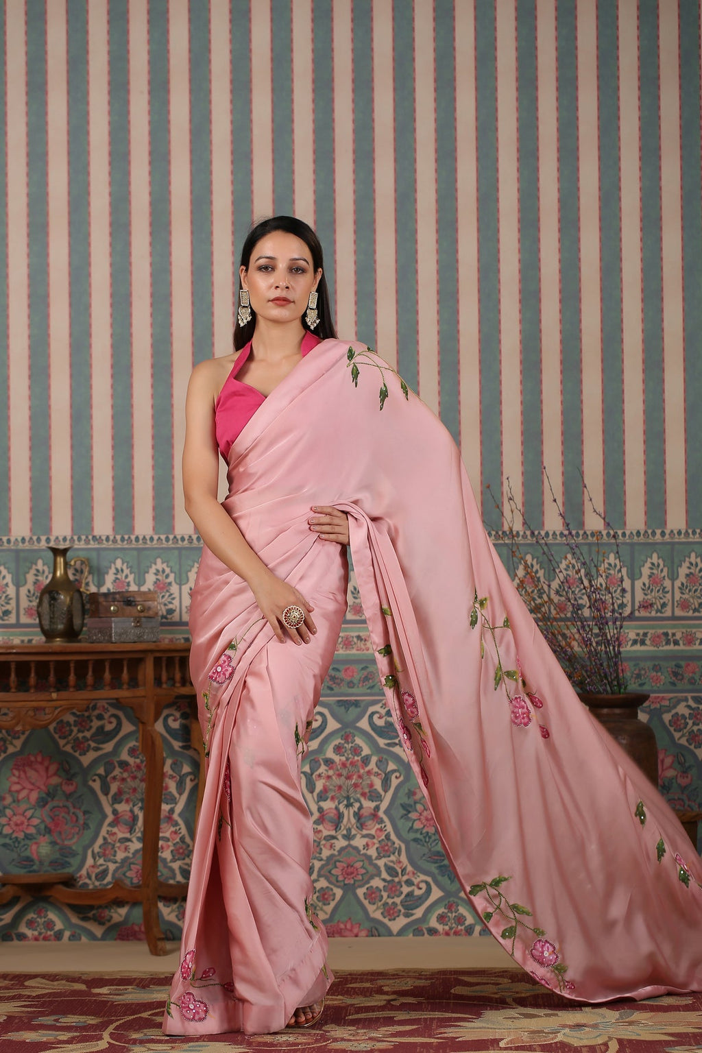 Pink pre draped saree by MOH-The Eternal Dhaga with Cotton, Festive Wear, Free Size, Moh-The eternal Dhaga, Natural, Pink, Prints, Saree Sets, Womenswear at Kamakhyaa for sustainable fashion