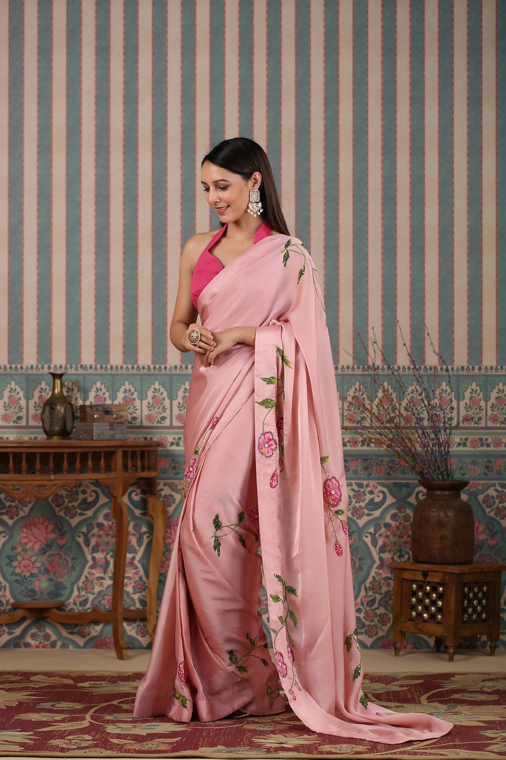 Pink pre draped saree by MOH-The Eternal Dhaga with Cotton, Festive Wear, Free Size, Moh-The eternal Dhaga, Natural, Pink, Prints, Saree Sets, Womenswear at Kamakhyaa for sustainable fashion