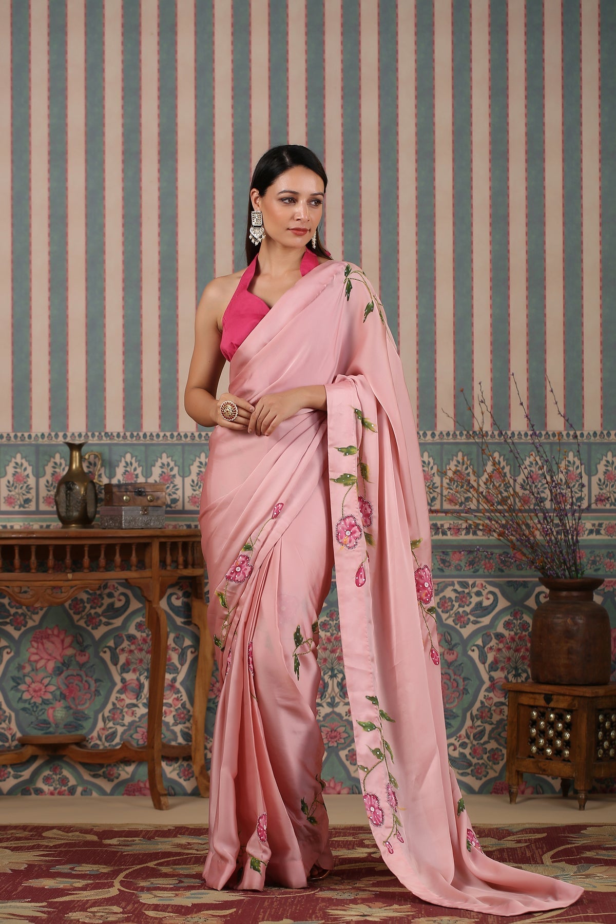 Pink pre draped saree by MOH-The Eternal Dhaga with Cotton, Festive Wear, Free Size, Moh-The eternal Dhaga, Natural, Pink, Prints, Saree Sets, Womenswear at Kamakhyaa for sustainable fashion