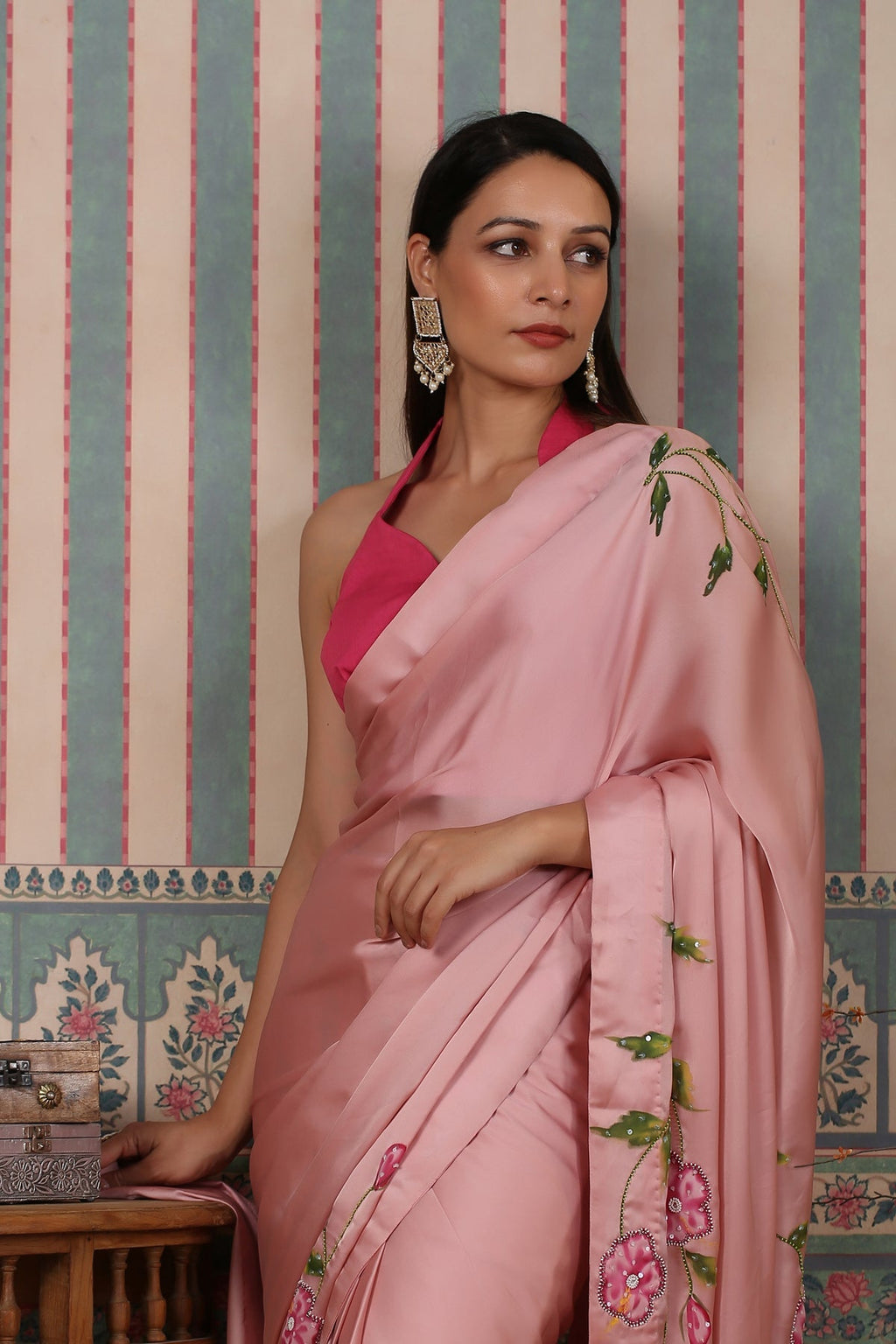 Pink pre draped saree by MOH-The Eternal Dhaga with Cotton, Festive Wear, Free Size, Moh-The eternal Dhaga, Natural, Pink, Prints, Saree Sets, Womenswear at Kamakhyaa for sustainable fashion
