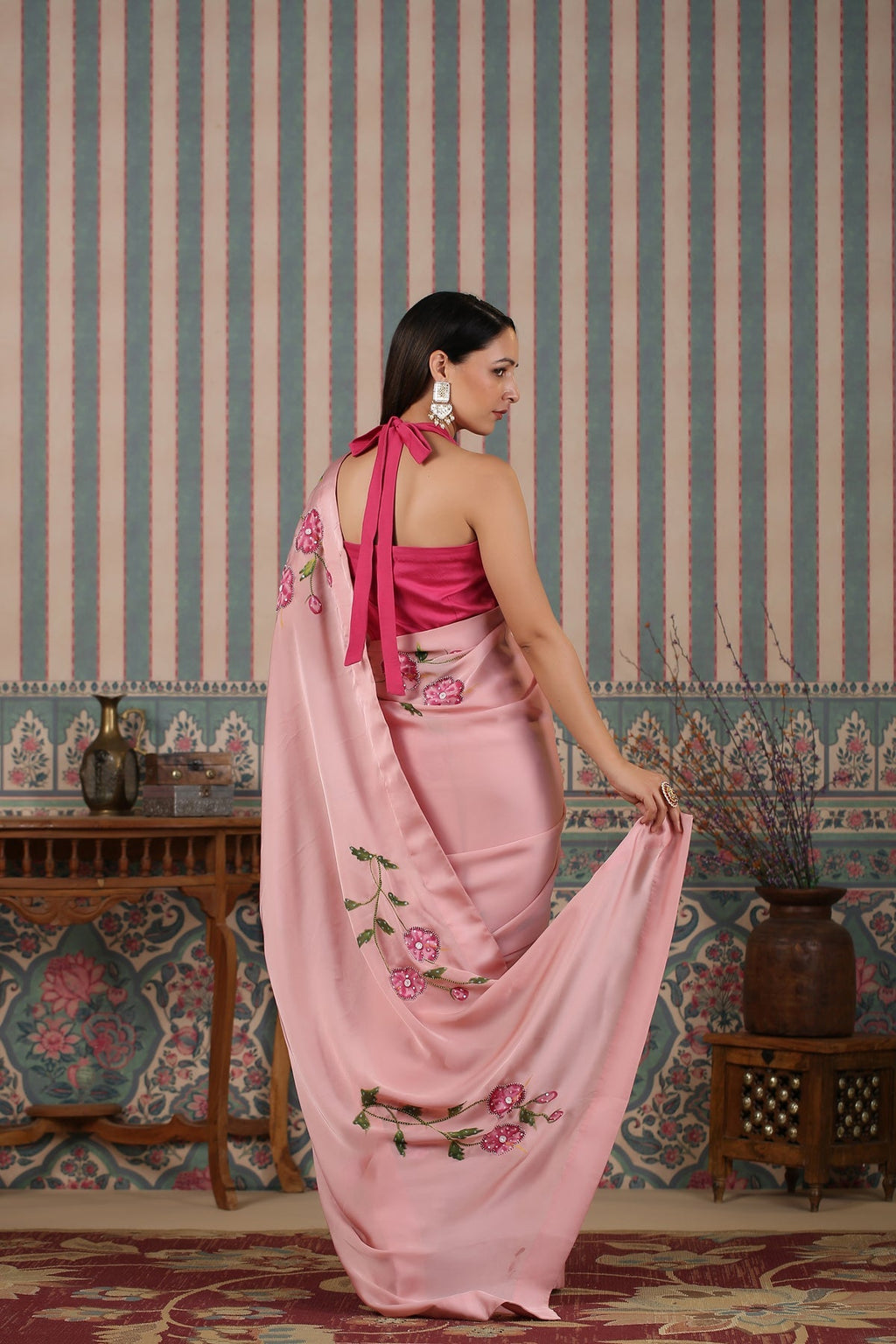 Pink pre draped saree by MOH-The Eternal Dhaga with Cotton, Festive Wear, Free Size, Moh-The eternal Dhaga, Natural, Pink, Prints, Saree Sets, Womenswear at Kamakhyaa for sustainable fashion