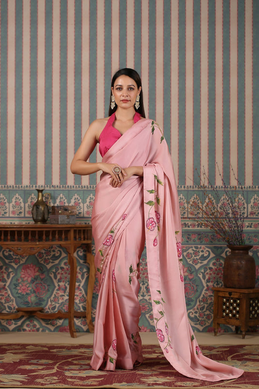 Pink pre draped saree by MOH-The Eternal Dhaga with Cotton, Festive Wear, Free Size, Moh-The eternal Dhaga, Natural, Pink, Prints, Saree Sets, Womenswear at Kamakhyaa for sustainable fashion