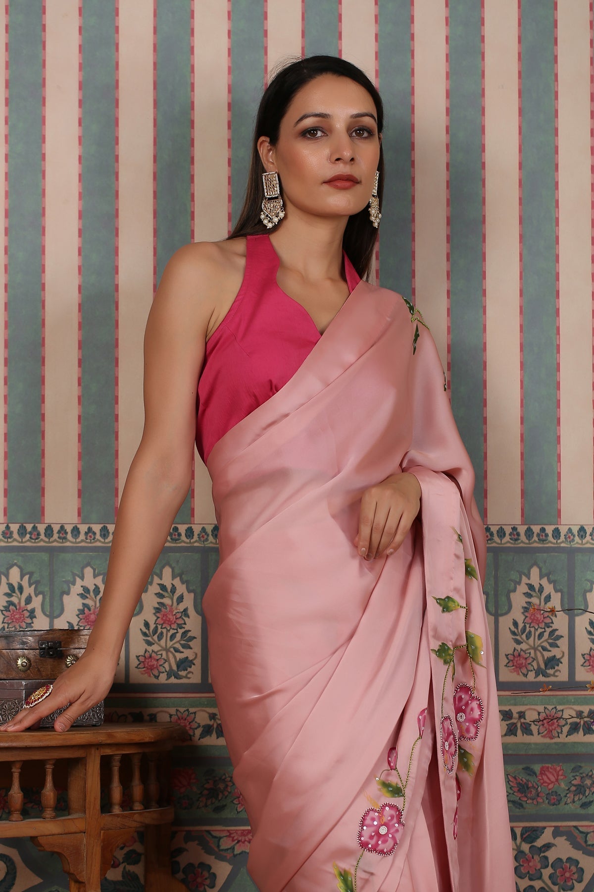 Pink pre draped saree by MOH-The Eternal Dhaga with Cotton, Festive Wear, Free Size, Moh-The eternal Dhaga, Natural, Pink, Prints, Saree Sets, Womenswear at Kamakhyaa for sustainable fashion