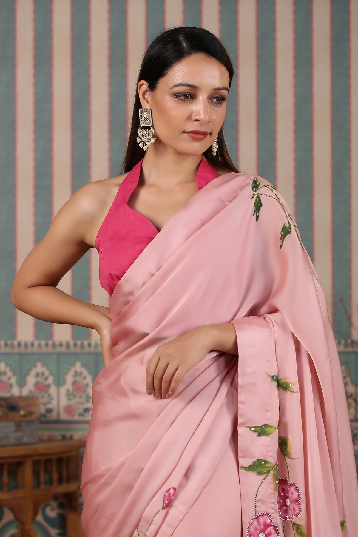 Pink pre draped saree by MOH-The Eternal Dhaga with Cotton, Festive Wear, Free Size, Moh-The eternal Dhaga, Natural, Pink, Prints, Saree Sets, Womenswear at Kamakhyaa for sustainable fashion