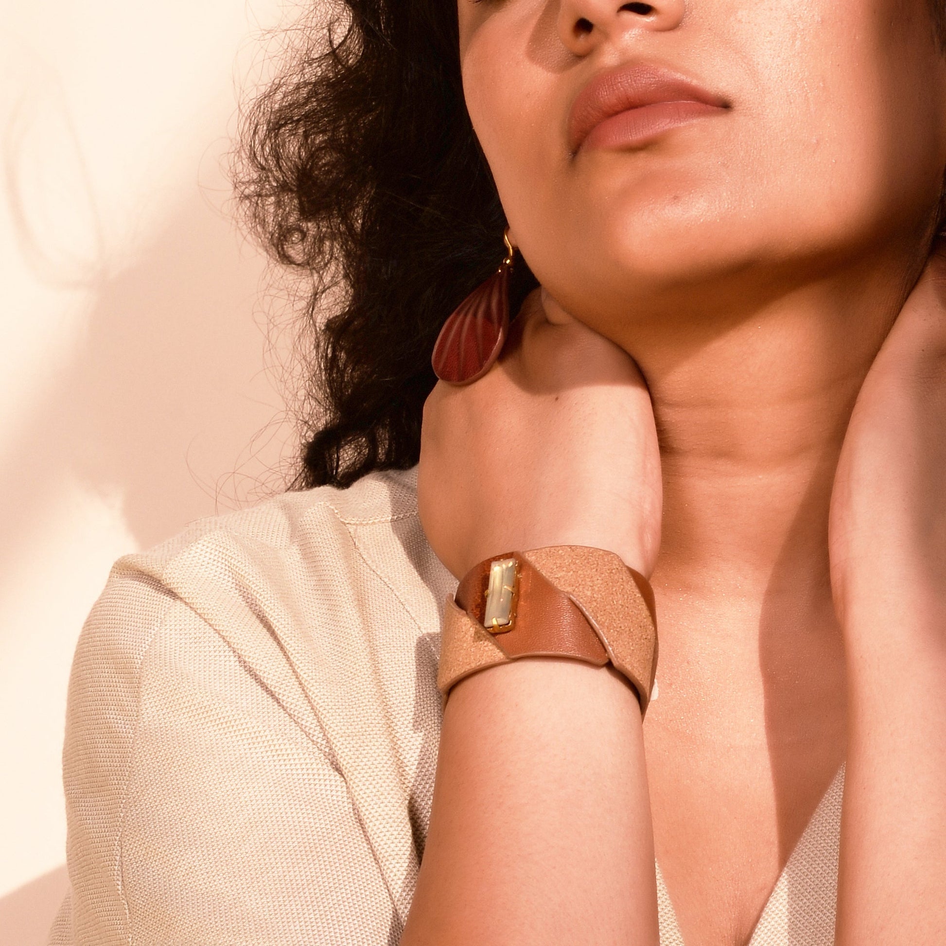 Ply Cuff by Noupelle with Add Ons, Bracelets, Brown, Casual Wear, Free Size, Less than $50, Products less than $25, Textured, Upcycled, Upcycled from Leather Waste, Women Led Designer at Kamakhyaa for sustainable fashion