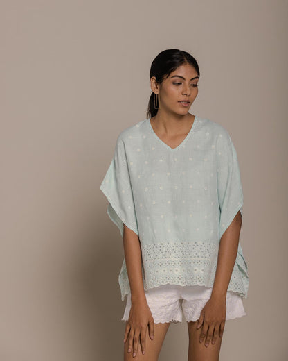 Popsicles & Carousels Kaftan Top - Sage Mint at Kamakhyaa by Reistor. This item is Blue, Casual Wear, Embroidered, Hemp, Kaftans, Natural, Tops, Womenswear