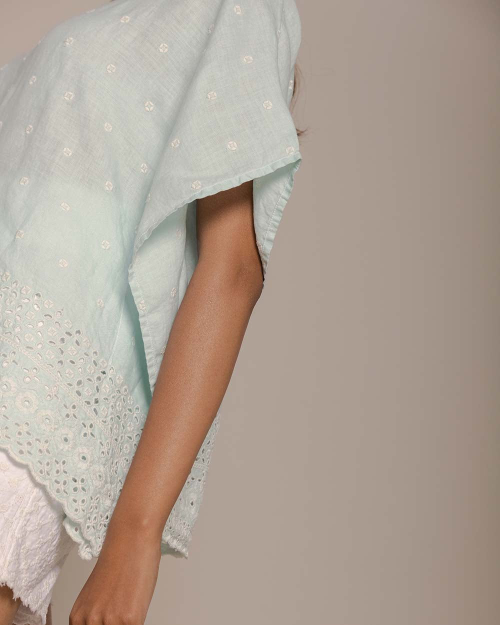 Popsicles & Carousels Kaftan Top - Sage Mint at Kamakhyaa by Reistor. This item is Blue, Casual Wear, Embroidered, Hemp, Kaftans, Natural, Tops, Womenswear