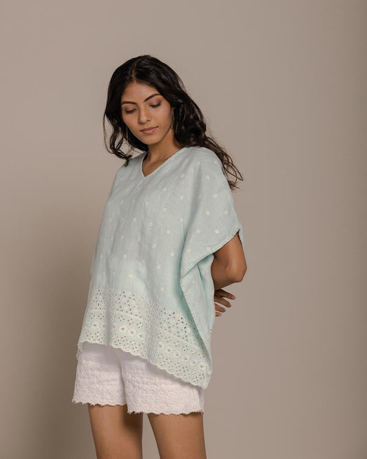 Popsicles & Carousels Kaftan Top - Sage Mint by Reistor with Blue, Casual Wear, Embroidered, Hemp, Hemp by Reistor, Kaftans, Natural, Tops, Womenswear at Kamakhyaa for sustainable fashion