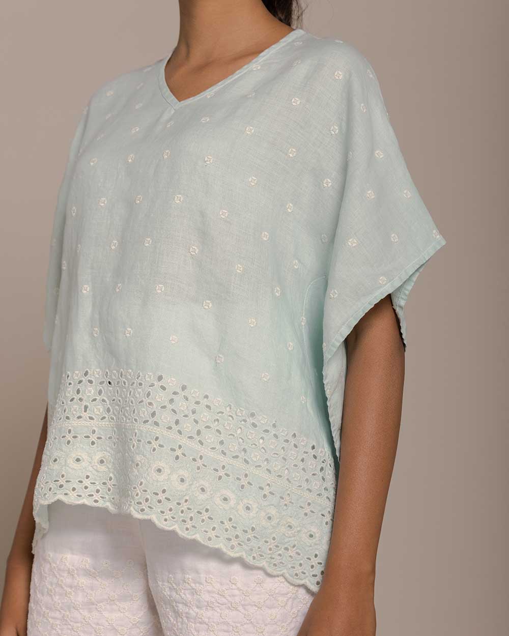 Popsicles & Carousels Kaftan Top - Sage Mint by Reistor with Blue, Casual Wear, Embroidered, Hemp, Hemp by Reistor, Kaftans, Natural, Tops, Womenswear at Kamakhyaa for sustainable fashion