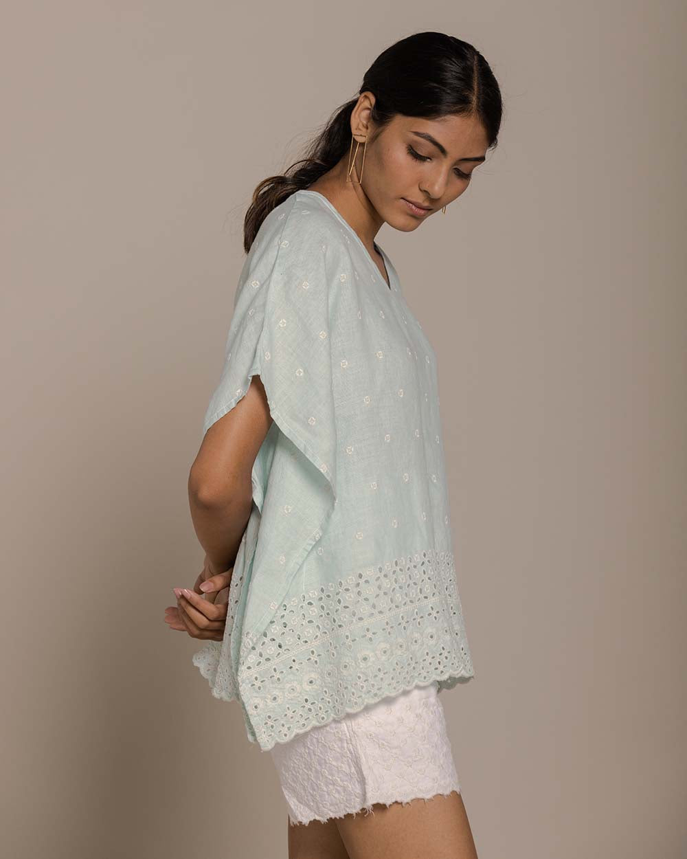 Popsicles & Carousels Kaftan Top - Sage Mint by Reistor with Blue, Casual Wear, Embroidered, Hemp, Hemp by Reistor, Kaftans, Natural, Tops, Womenswear at Kamakhyaa for sustainable fashion