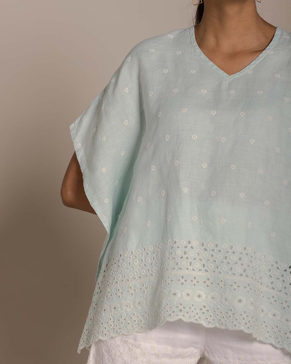 Popsicles & Carousels Kaftan Top - Sage Mint by Reistor with Blue, Casual Wear, Embroidered, Hemp, Hemp by Reistor, Kaftans, Natural, Tops, Womenswear at Kamakhyaa for sustainable fashion