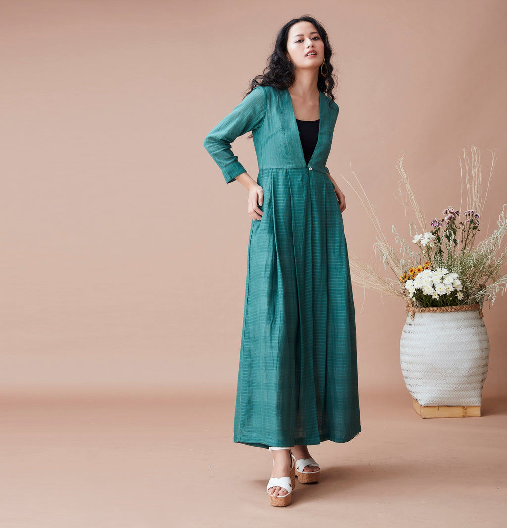 Green Cotton Jacket by Dan Ba with Cotton, Green, July Sale, July Sale 2023, Natural, Relaxed Fit, Resort Wear, Shrugs, Solids, Womenswear at Kamakhyaa for sustainable fashion