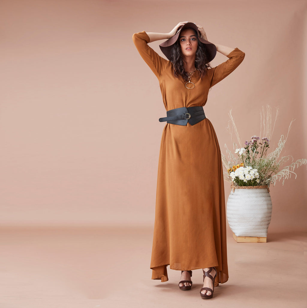 Brown Cotton Maxi Dress by Dan Ba with Brown, Cotton, fall, July Sale, July Sale 2023, Maxi Dresses, Natural, Relaxed Fit, Resort Wear, Solids, Womenswear at Kamakhyaa for sustainable fashion