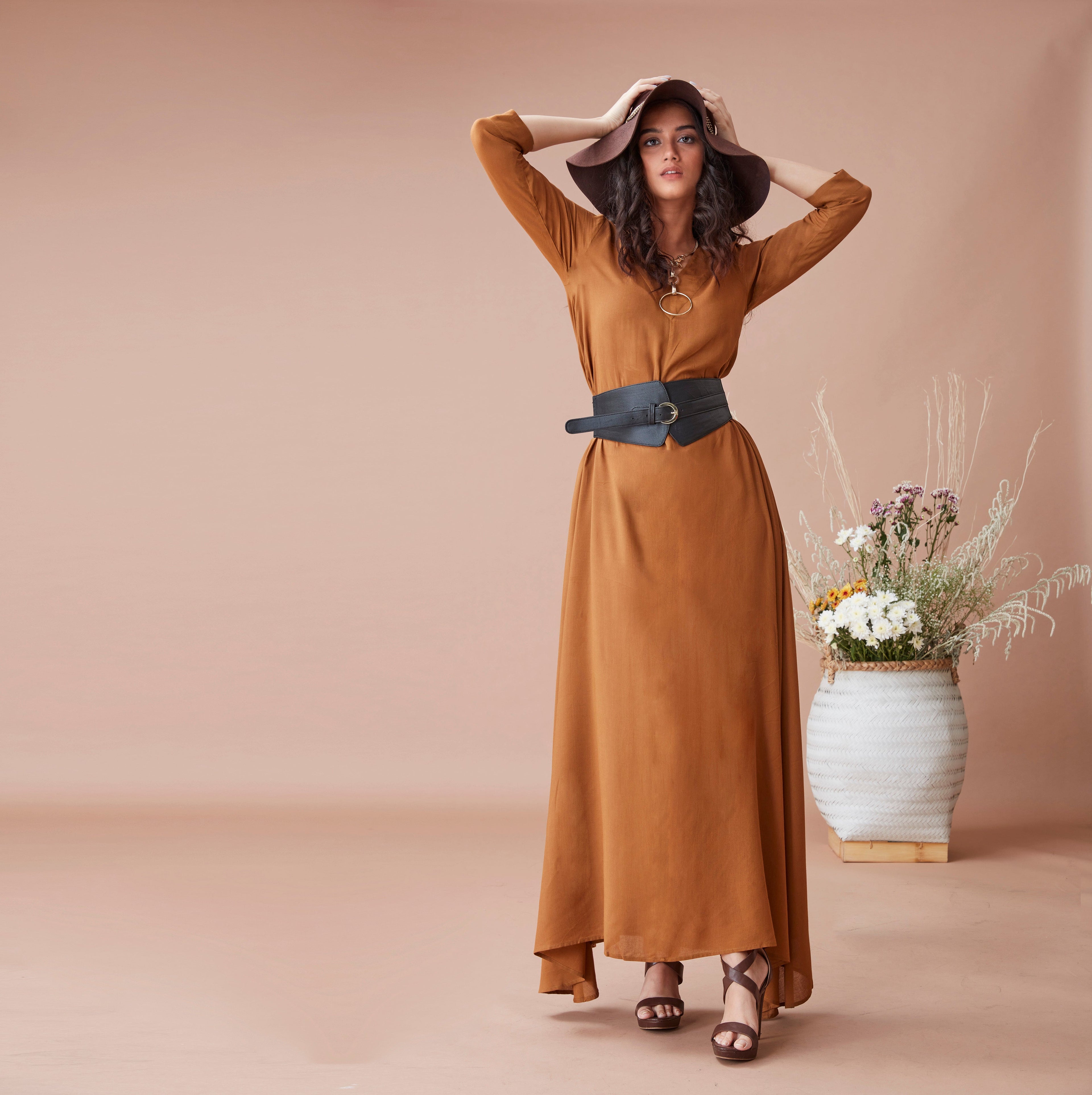 Brown Cotton Maxi Dress by Dan Ba with Brown, Cotton, fall, July Sale, July Sale 2023, Maxi Dresses, Natural, Relaxed Fit, Resort Wear, Solids, Womenswear at Kamakhyaa for sustainable fashion