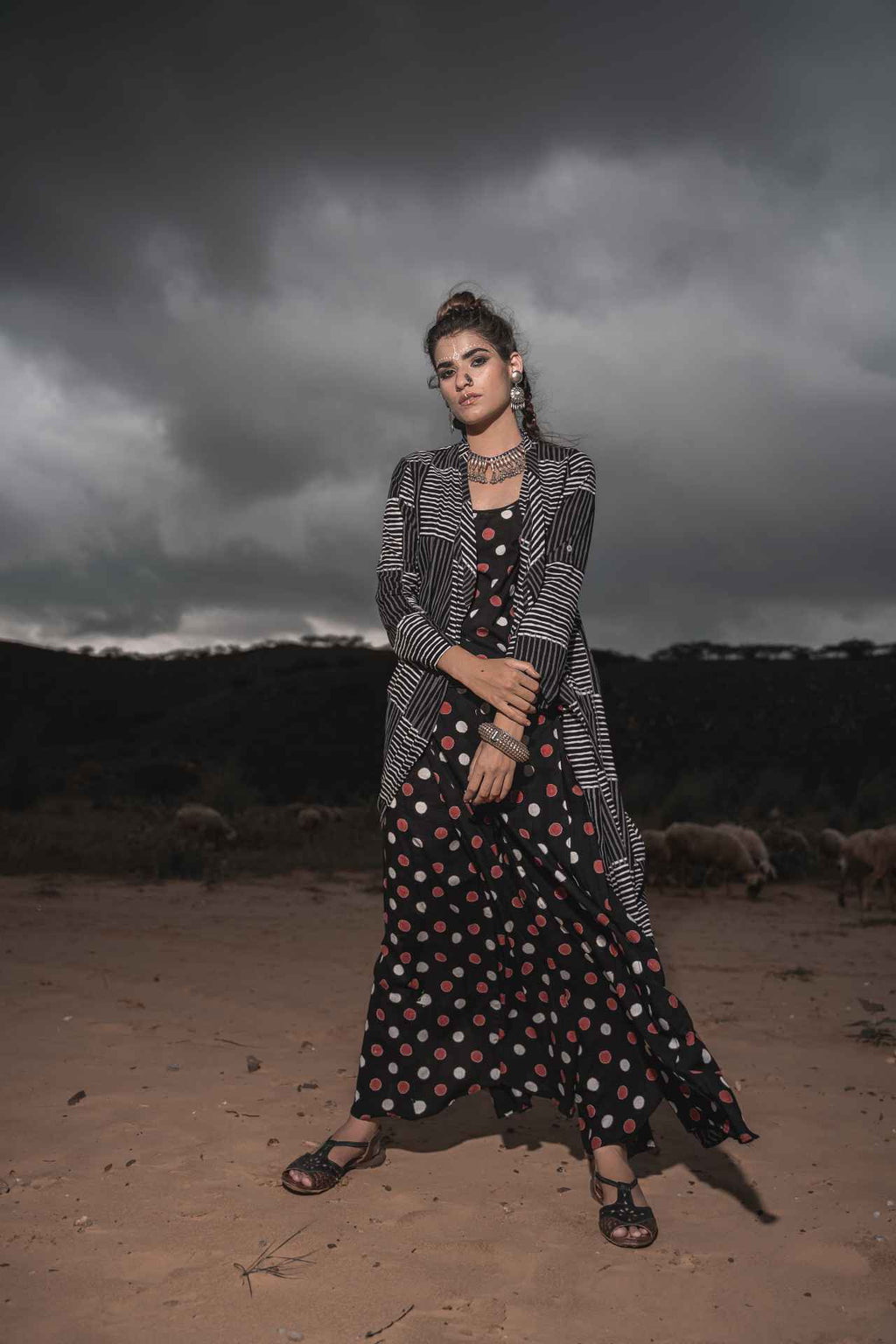 Printed Cotton Top With Block Printed Cape And Palazzo - Set Of 3 by Keva with Black, Block Prints, Cape, Co-ord Sets, Cotton, Natural, Relaxed Fit, Resort Wear, Vacation, Vacation Co-ords, Wild Child, Womenswear at Kamakhyaa for sustainable fashion