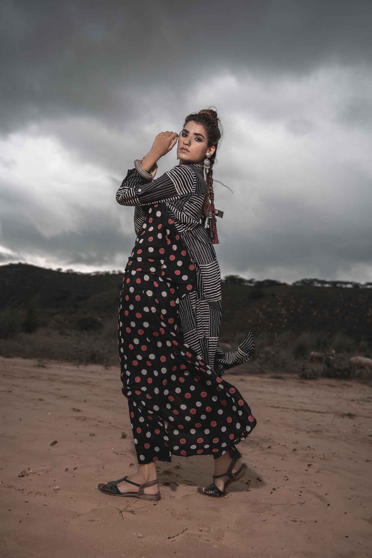 Printed Cotton Top With Block Printed Cape And Palazzo - Set Of 3 by Keva with Black, Block Prints, Cape, Co-ord Sets, Cotton, Natural, Relaxed Fit, Resort Wear, Vacation, Vacation Co-ords, Wild Child, Womenswear at Kamakhyaa for sustainable fashion