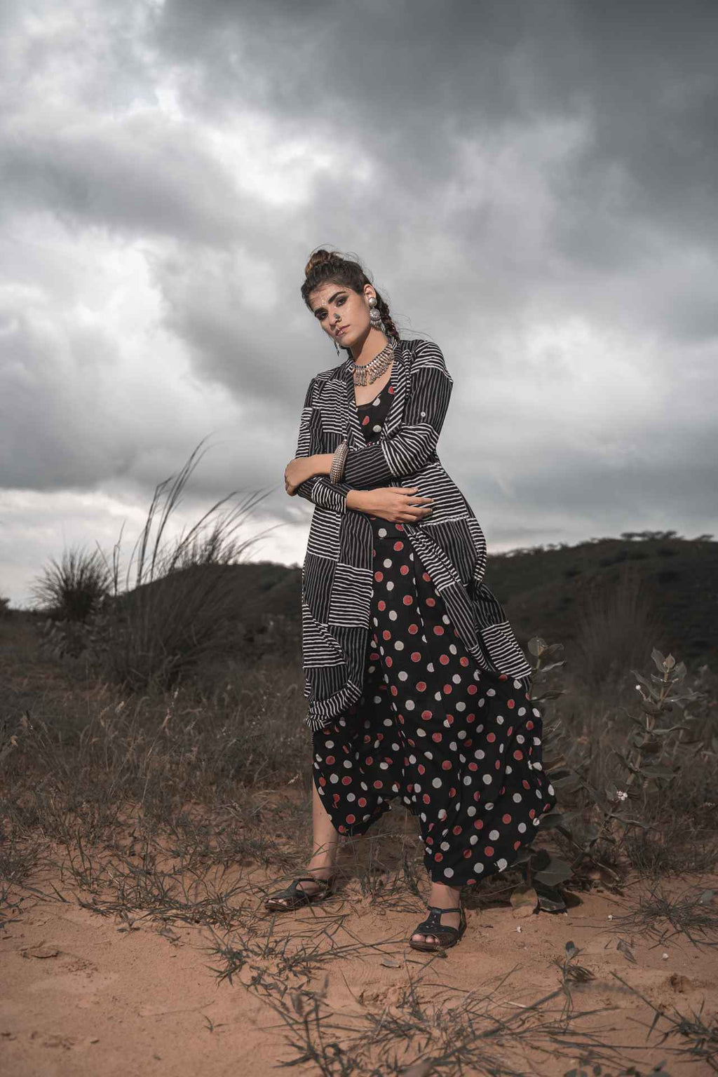 Printed Cotton Top With Block Printed Cape And Palazzo - Set Of 3 by Keva with Black, Block Prints, Cape, Co-ord Sets, Cotton, Natural, Relaxed Fit, Resort Wear, Vacation, Vacation Co-ords, Wild Child, Womenswear at Kamakhyaa for sustainable fashion