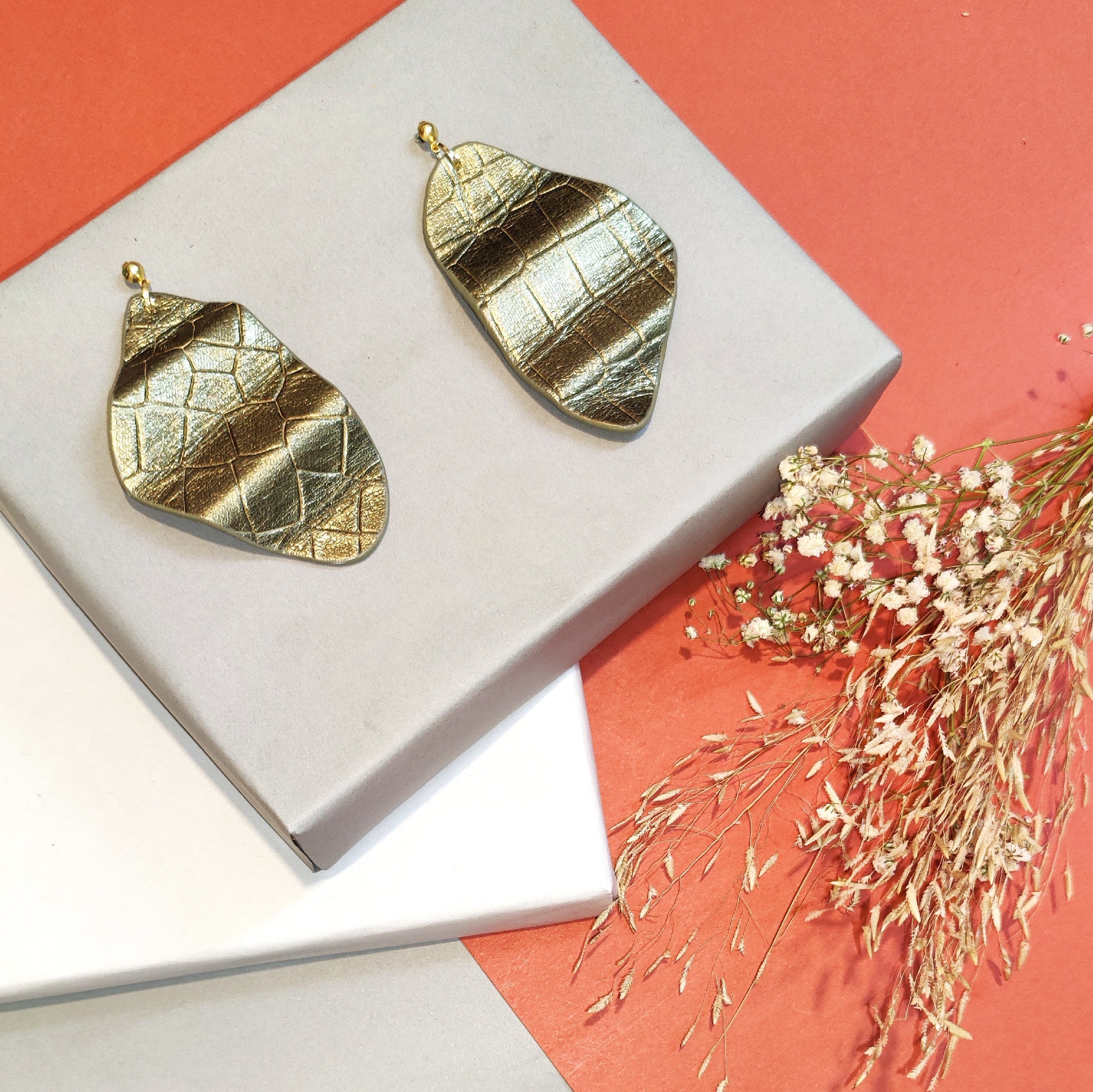 Quiv Earring by Noupelle with Casual Wear, Danglers, Fashion Jewellery, Free Size, Gold, Less than $50, Short Earrings, Upcycled, Upcycled from Leather Waste, Women Led Designer at Kamakhyaa for sustainable fashion