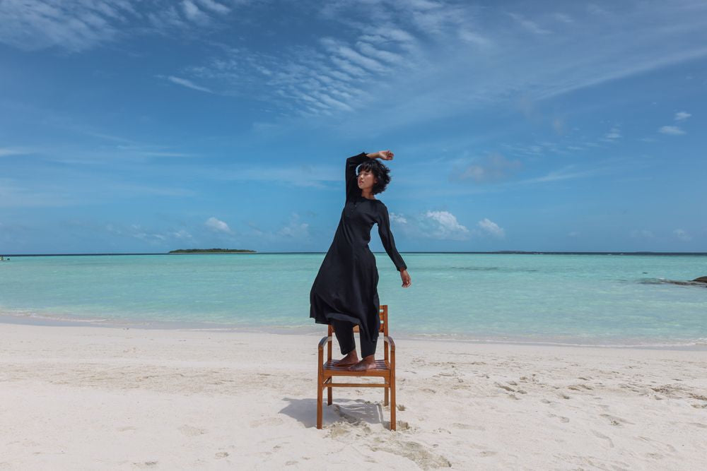 Recycled Cotton Black Kurta by Raas with Azo Free Dyes, Best Selling, Black, Casual Wear, Cotton, Kurtas, Layla, Recycled, Relaxed Fit, Solids, Womenswear at Kamakhyaa for sustainable fashion