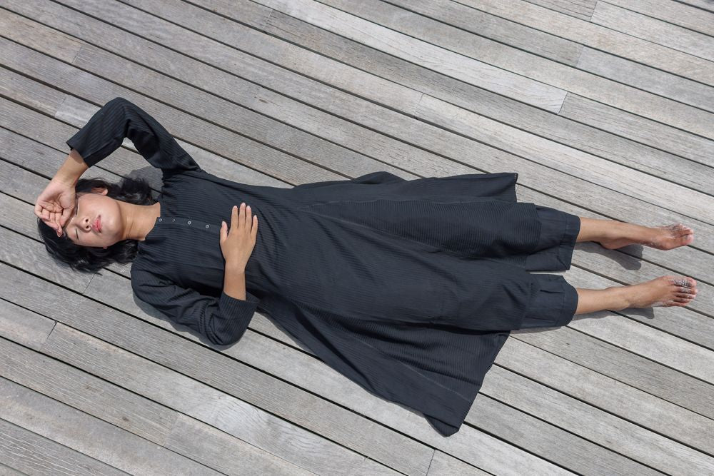 Recycled Cotton Black Kurta by Raas with Azo Free Dyes, Best Selling, Black, Casual Wear, Cotton, Kurtas, Layla, Recycled, Relaxed Fit, Solids, Womenswear at Kamakhyaa for sustainable fashion