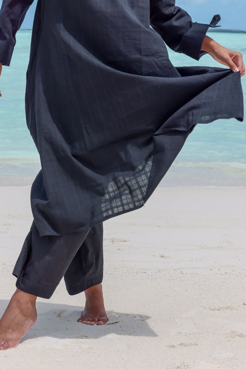 Recycled Cotton V-Neck Black Kurta by Raas with Azo Free Dyes, Black, Casual Wear, Cotton, Kurtas, Layla, Recycled, Relaxed Fit, Solids, Womenswear at Kamakhyaa for sustainable fashion