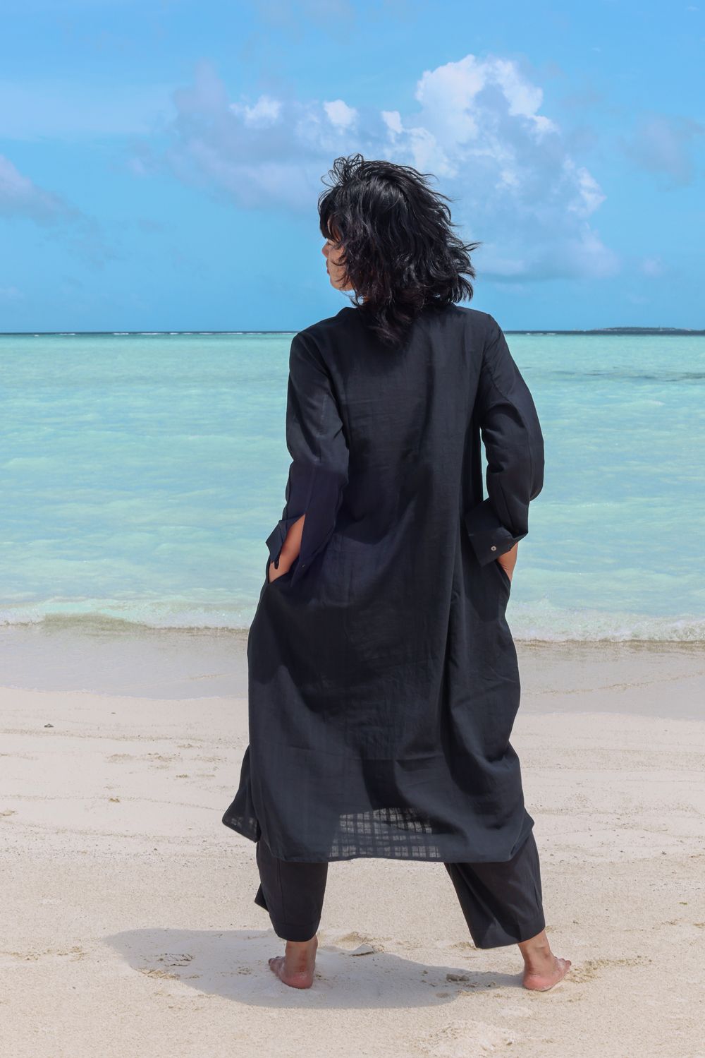 Recycled Cotton V-Neck Black Kurta by Raas with Azo Free Dyes, Black, Casual Wear, Cotton, Kurtas, Layla, Recycled, Relaxed Fit, Solids, Womenswear at Kamakhyaa for sustainable fashion