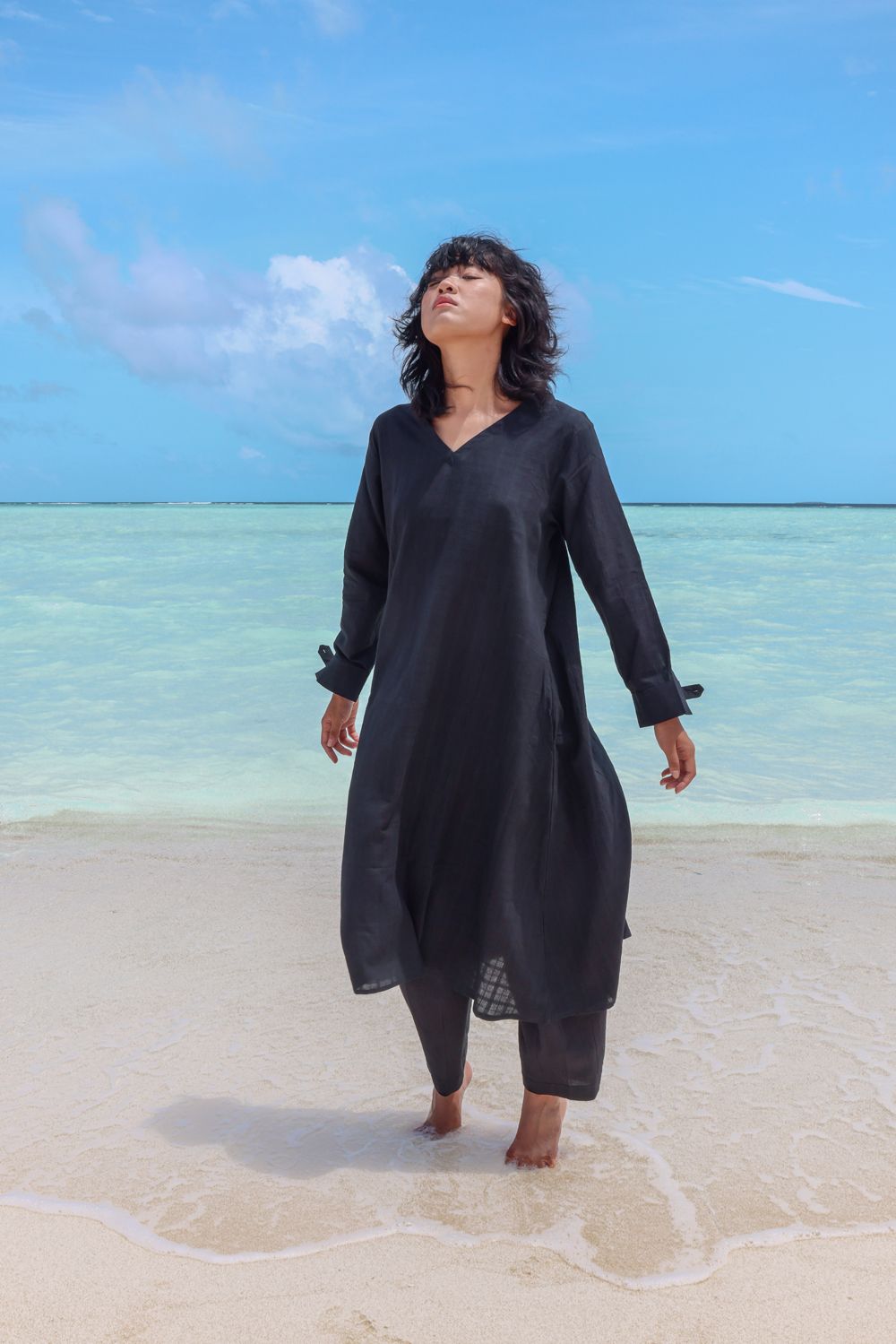 Recycled Cotton V-Neck Black Kurta by Raas with Azo Free Dyes, Black, Casual Wear, Cotton, Kurtas, Layla, Recycled, Relaxed Fit, Solids, Womenswear at Kamakhyaa for sustainable fashion