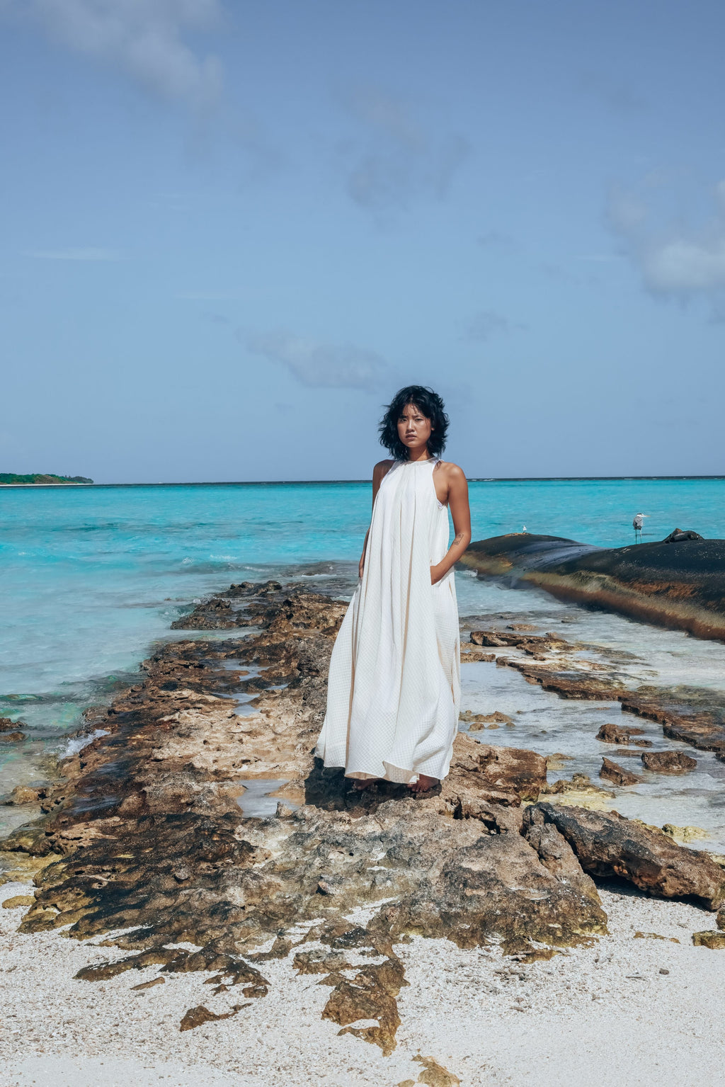 Recycled Cotton Off-White Sleeveless Dress by Raas with Azo Free Dyes, Cotton, Halter Neck Dresses, Layla, Maxi Dresses, Off-White, Recycled, Relaxed Fit, Resort Wear, Sleeveless Dresses, Solids, Womenswear at Kamakhyaa for sustainable fashion