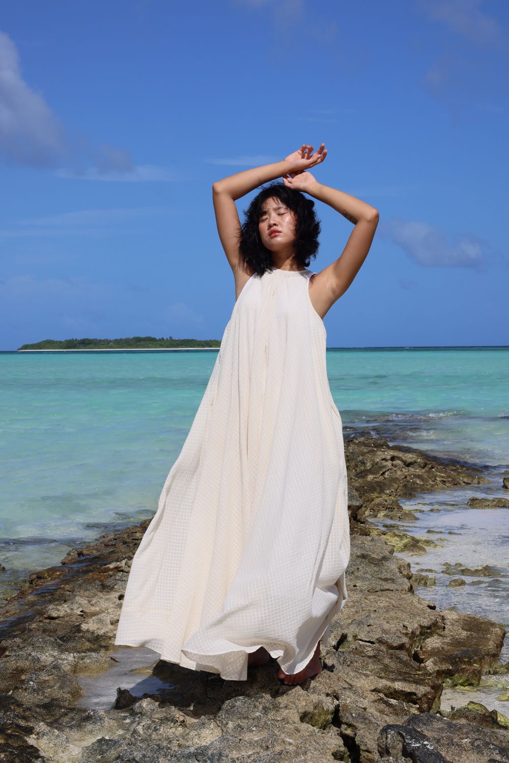 Recycled Cotton Off-White Sleeveless Dress by Raas with Azo Free Dyes, Cotton, Halter Neck Dresses, Layla, Maxi Dresses, Off-White, Recycled, Relaxed Fit, Resort Wear, Sleeveless Dresses, Solids, Womenswear at Kamakhyaa for sustainable fashion