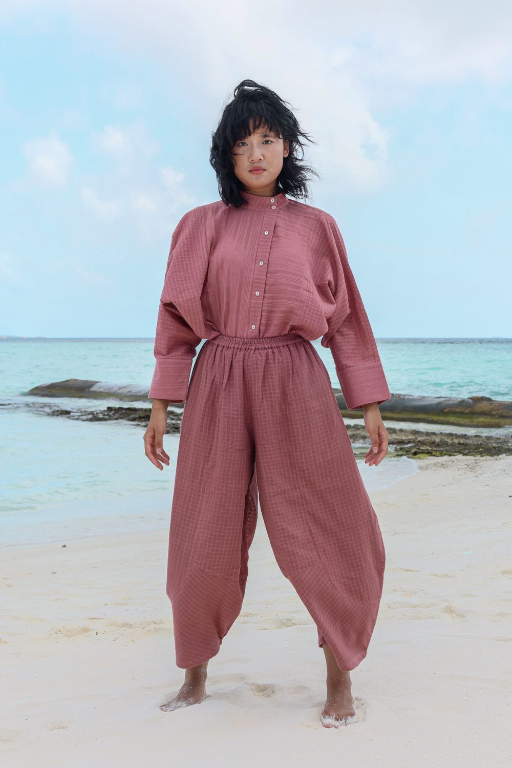 Recycled Cotton Pink Loose Pants by Raas with Azo Free Dyes, Cotton, Layla, Pants, Pink, Recycled, Relaxed Fit, Resort Wear, Solids, Womenswear at Kamakhyaa for sustainable fashion