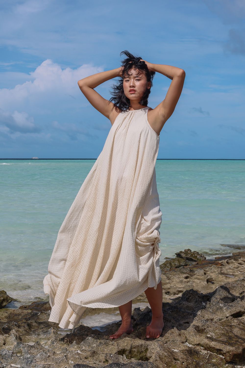 Recycled Cotton Off-White Sleeveless Dress by Raas with Azo Free Dyes, Cotton, Halter Neck Dresses, Layla, Maxi Dresses, Off-White, Recycled, Relaxed Fit, Resort Wear, Sleeveless Dresses, Solids, Womenswear at Kamakhyaa for sustainable fashion