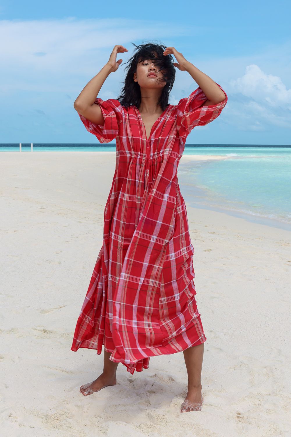 Recycled Cotton Red Solid Dress by Raas with Azo Free Dyes, Best Selling, Casual Wear, Checks, Cotton, Layla, Midi Dresses, Recycled, Red, Relaxed Fit, Womenswear at Kamakhyaa for sustainable fashion