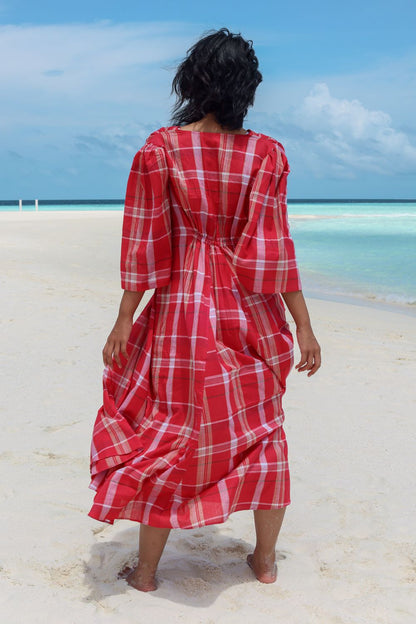 Recycled Cotton Red Solid Dress by Raas with Azo Free Dyes, Best Selling, Casual Wear, Checks, Cotton, Layla, Midi Dresses, Recycled, Red, Relaxed Fit, Womenswear at Kamakhyaa for sustainable fashion